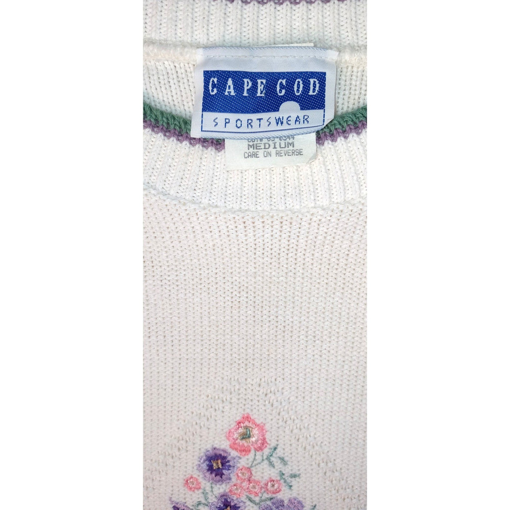 Cape Cod Sportswear Women's Cream Floral Embroidered Knit Sweater Medium