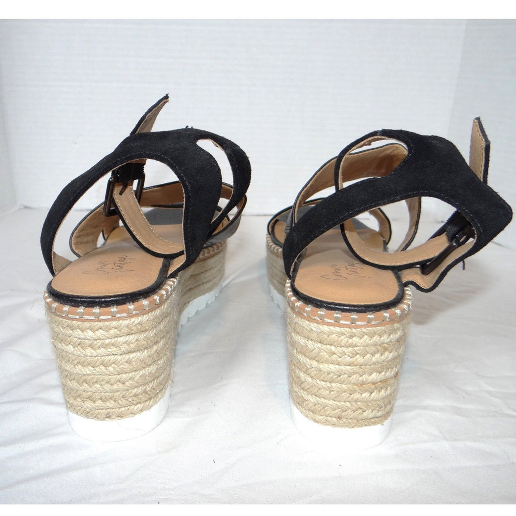 Crown Vintage Daylen Black Leather Espadrille Platform Wedge Sandals Womens 7.5