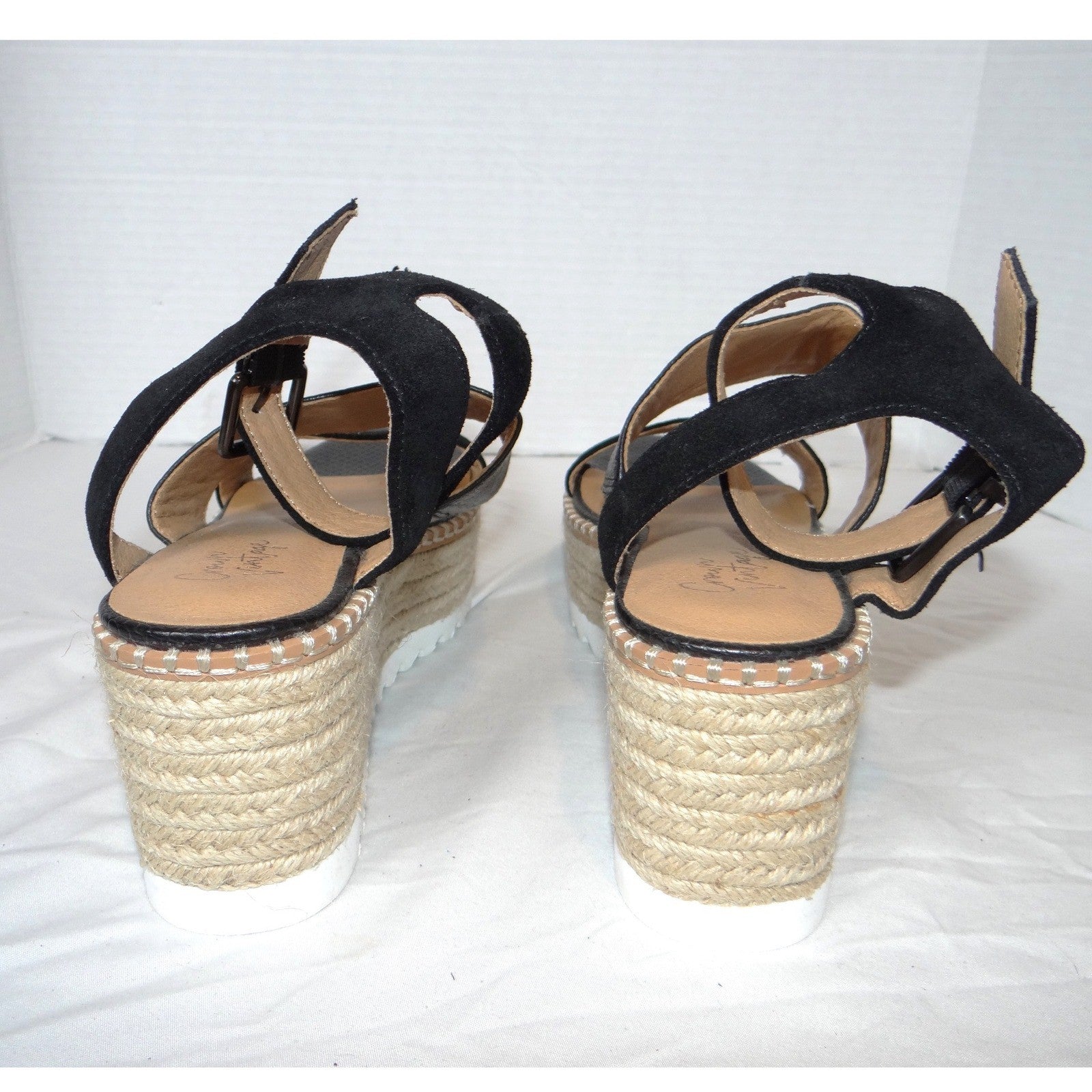 Crown Vintage Daylen Black Leather Espadrille Platform Wedge Sandals Womens 7.5