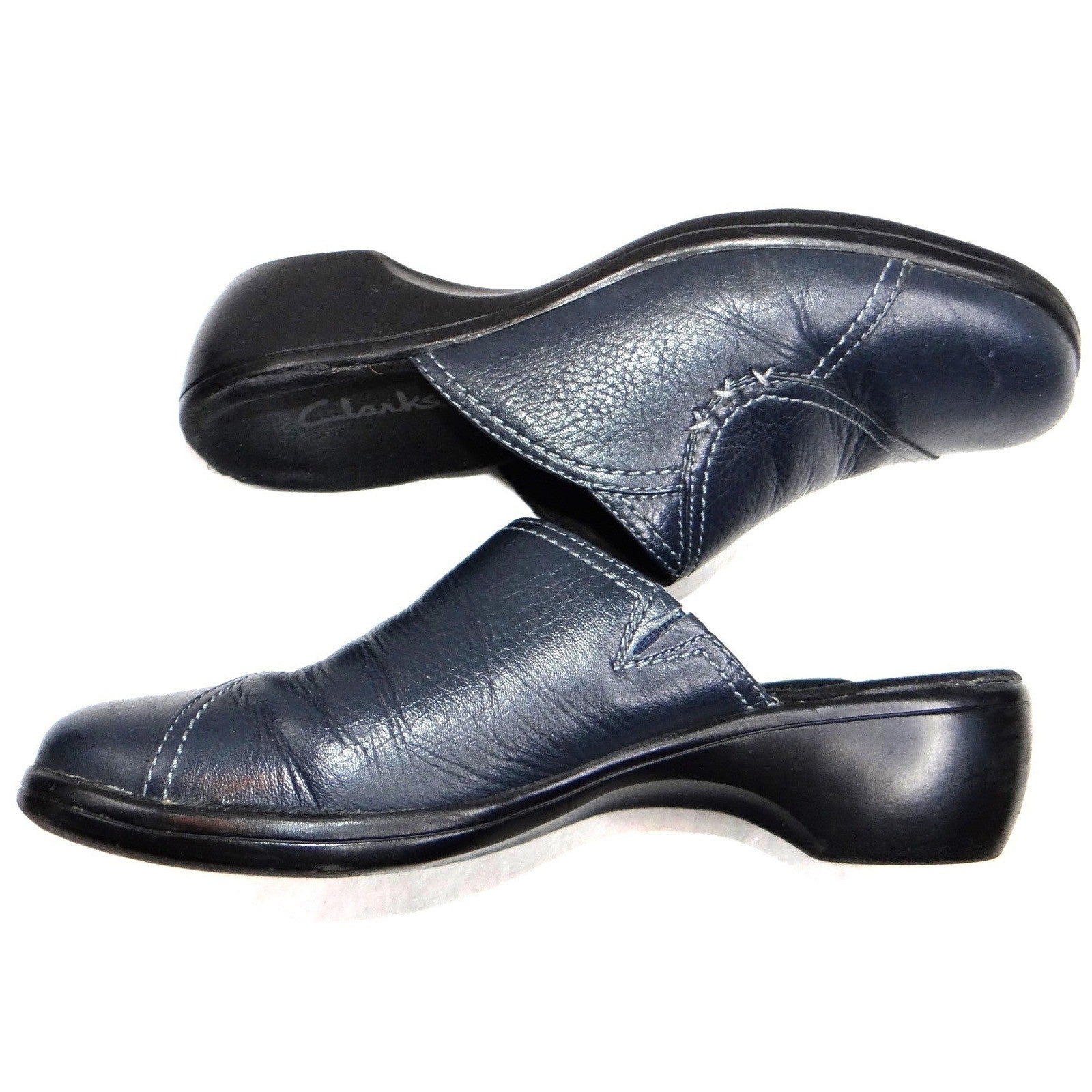 Clarks Womens Navy Leather Slip On Clogs Mules Shoes Size 7 M Style 846 16