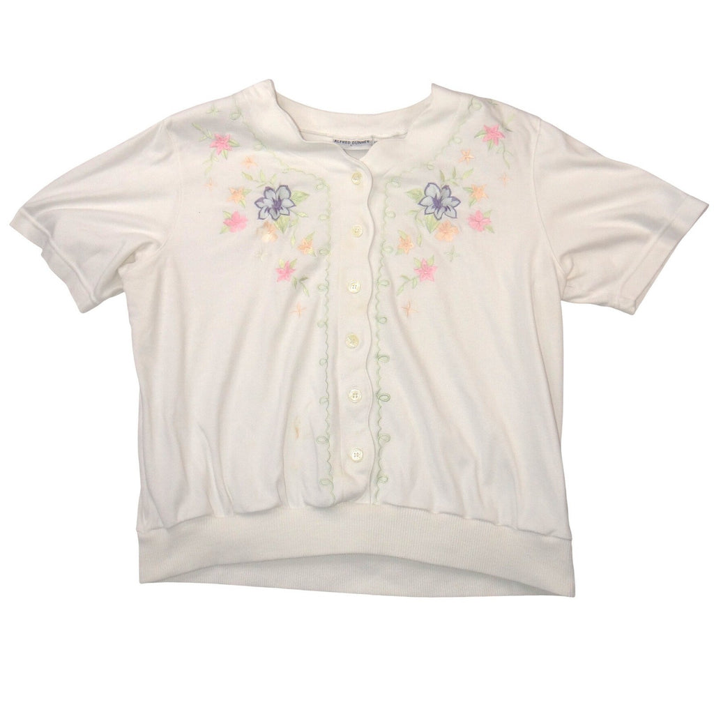 VTG Alfred Dunner Women White Floral Embroidered Button Front Short Sleeve Top L