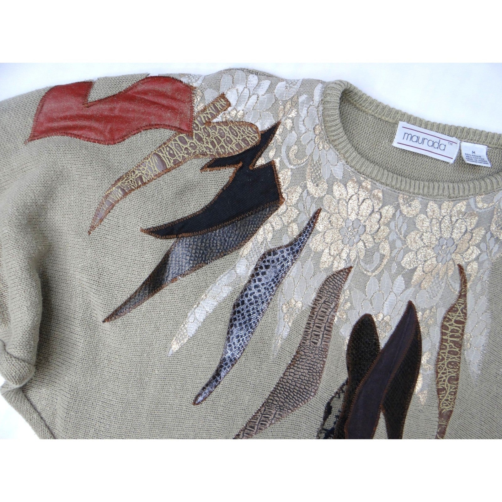 Vintage Unique Maurada Embellished Sweater Beige Knit Dolman Sleeve Women's M