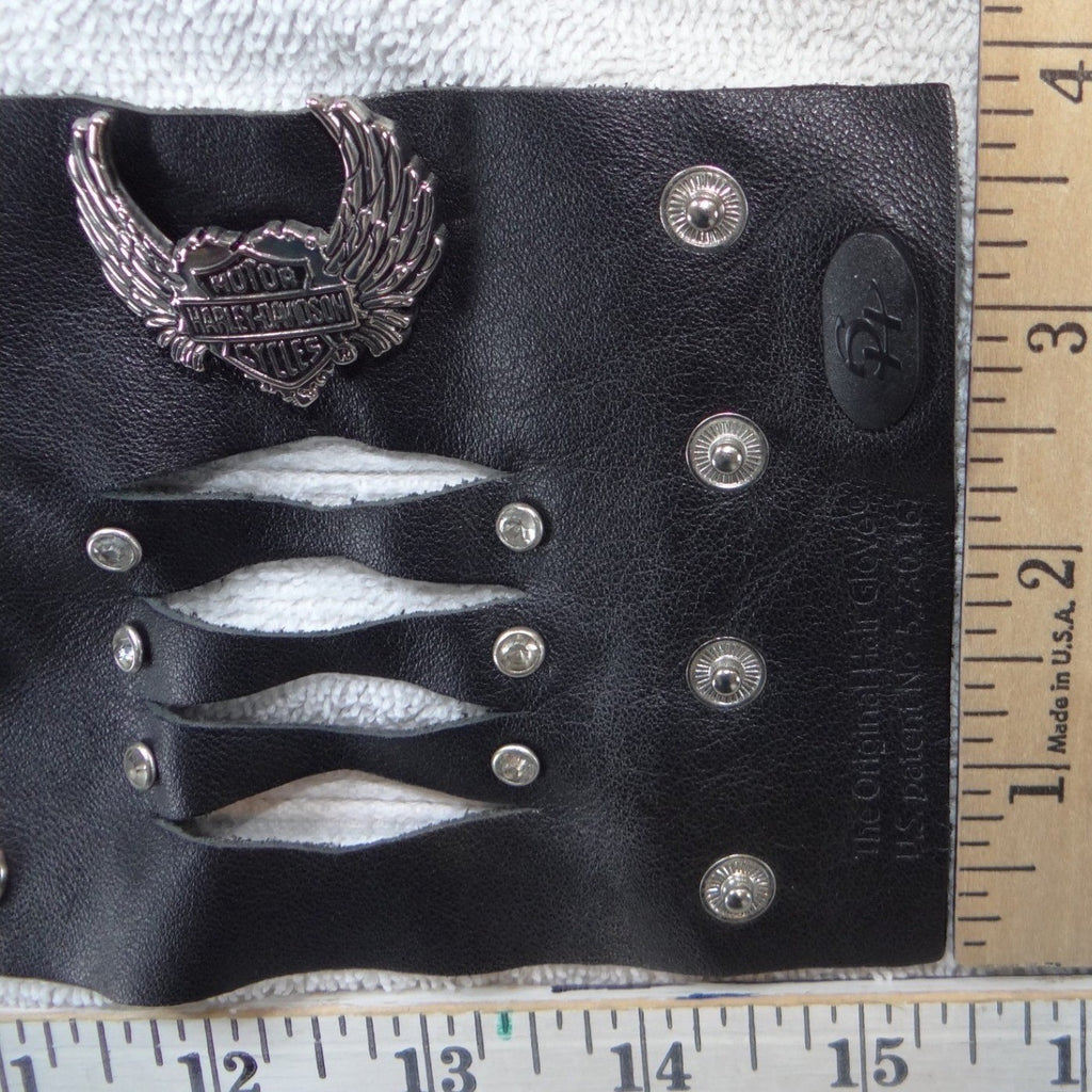 Harley-Davidson Black Leather Winged Heart Hair Glove Ponytail Wrap Rhinestone