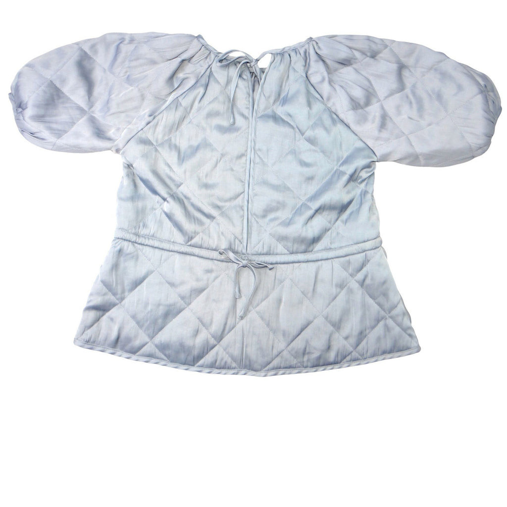 H&M Quilted Puff Sleeve Top Light Blue Gathered Waist Tie Back XS