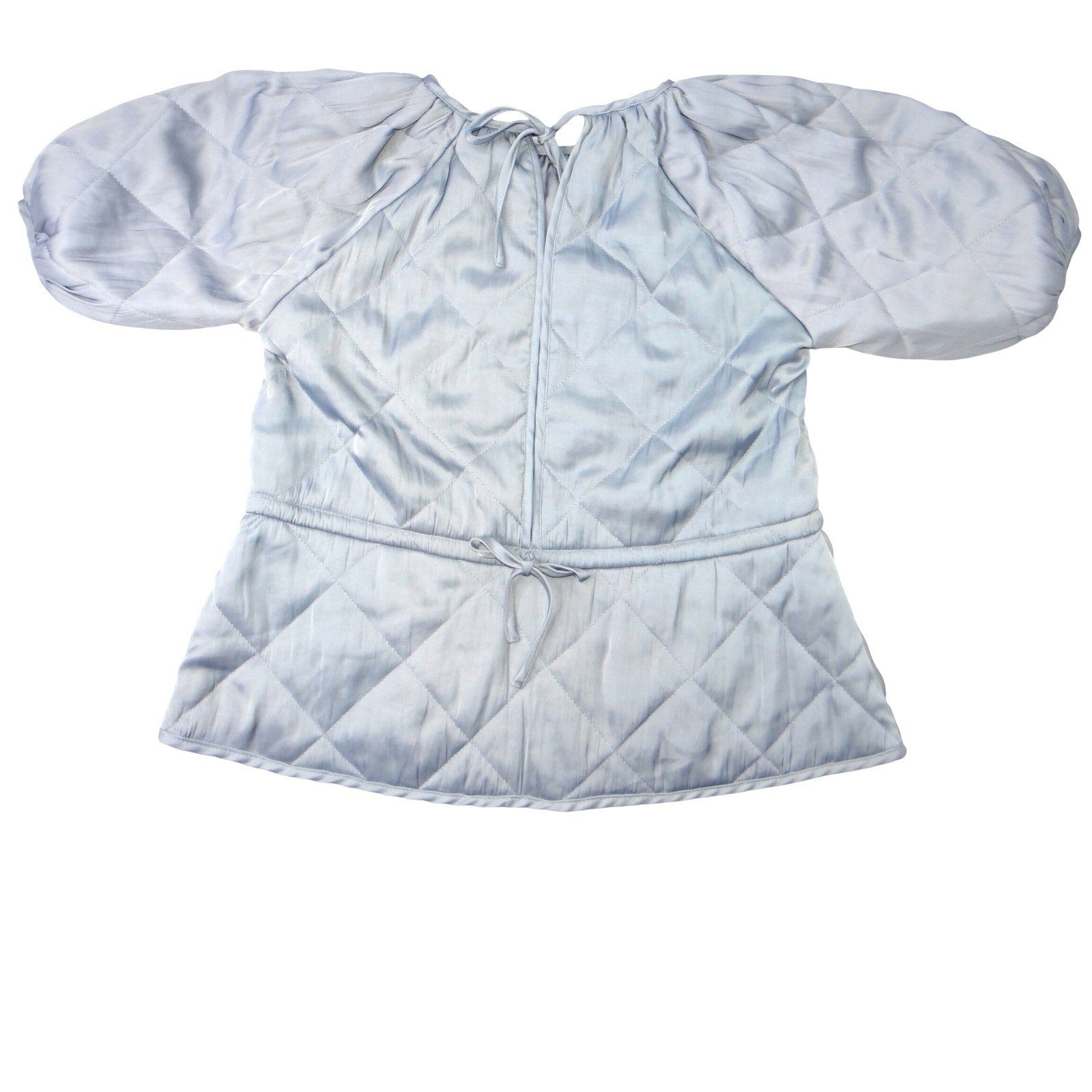 H&M Quilted Puff Sleeve Top Light Blue Gathered Waist Tie Back XS
