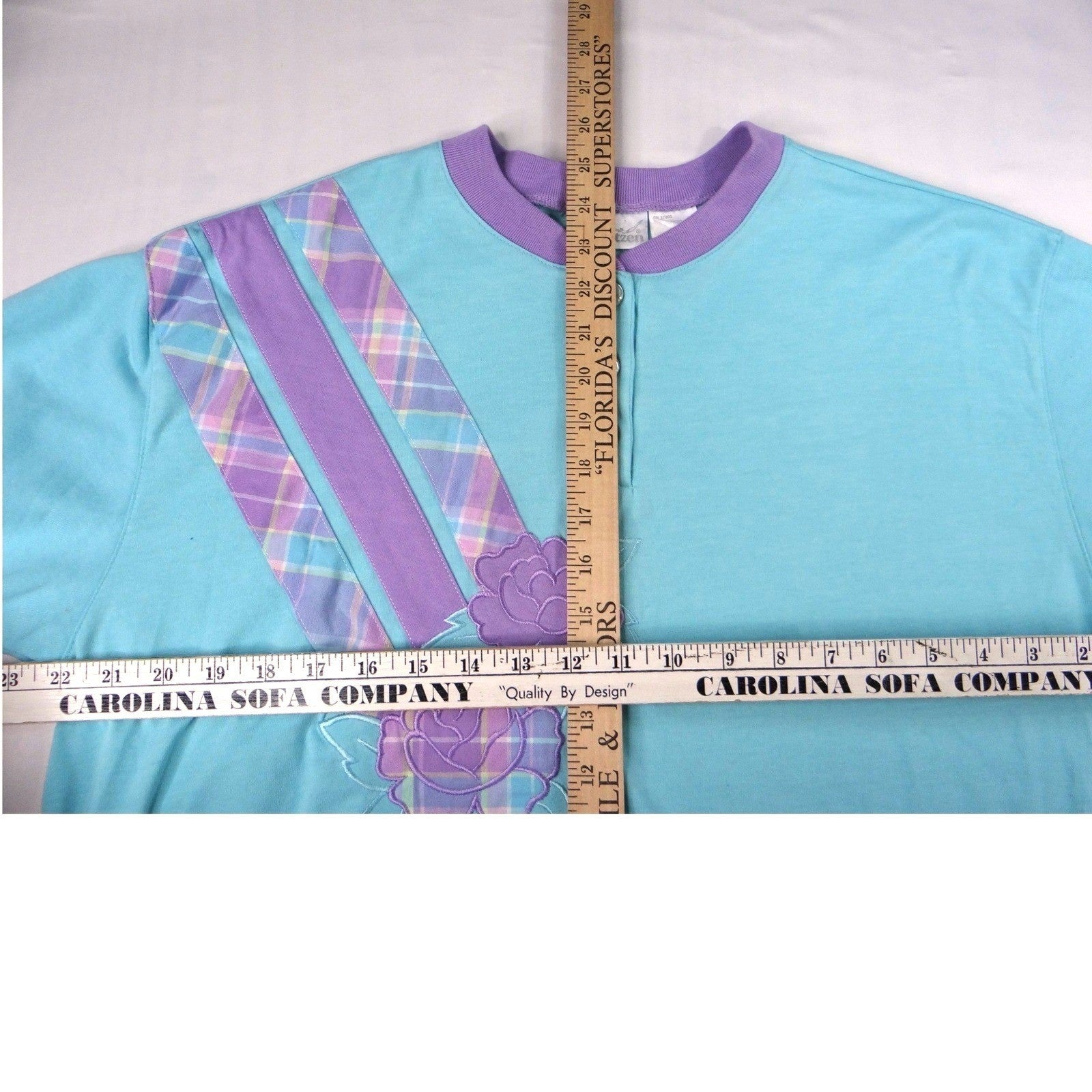 Vintage Jantzen Womens Turquoise Purple Plaid Rose Button Up T Shirt Top XL