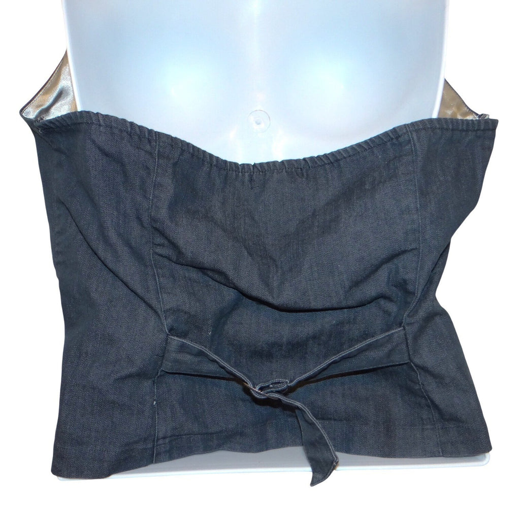 Y2k Womens Dark Wash Denim Halter Vest Fleur-de-lis Graphic Button Up Blue