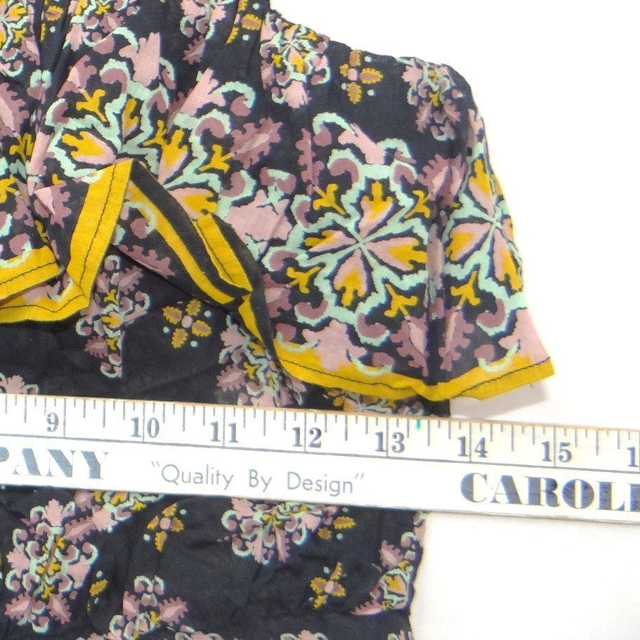 Free People Medallion Print Ruffle Crop Top Navy Pink Yellow Smocked Small