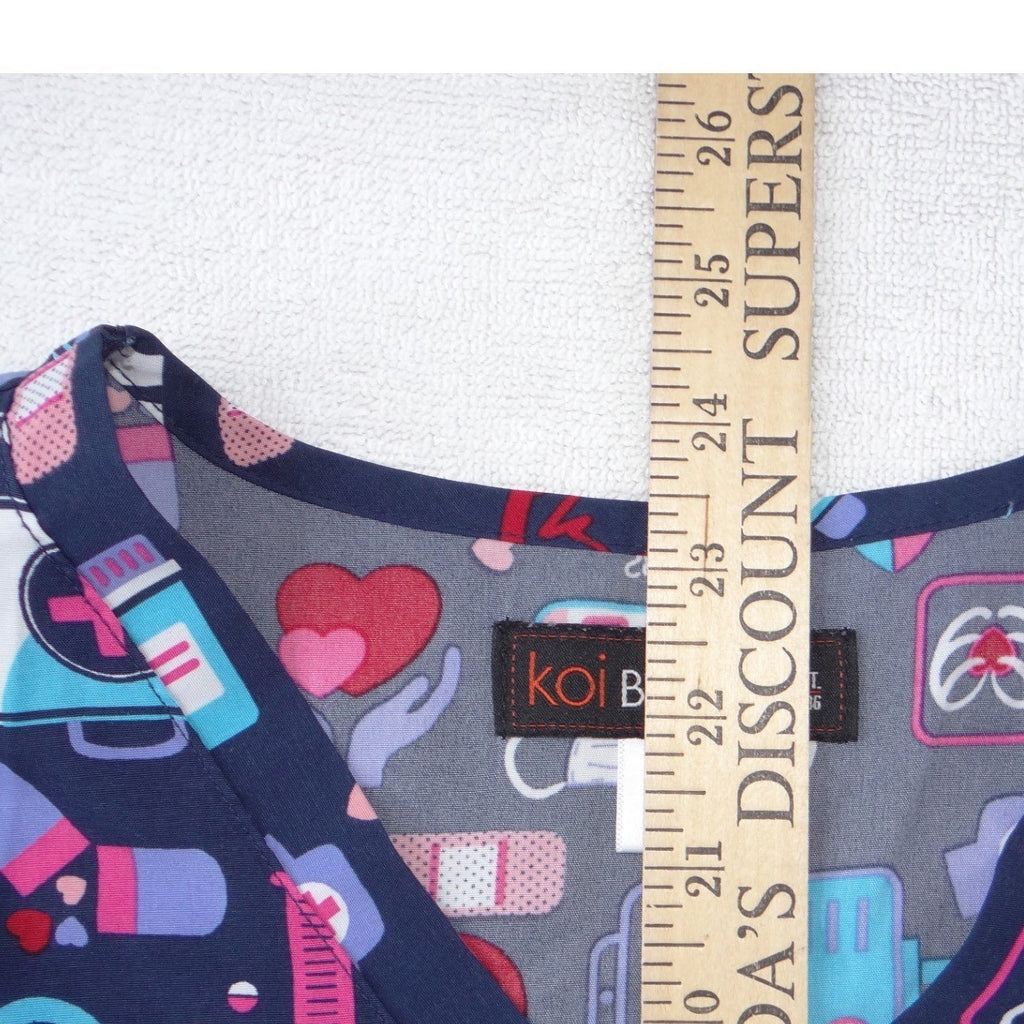 Koi Basics Womens XS Navy Blue Medical Print V-Neck Scrub Top Nurses Hero