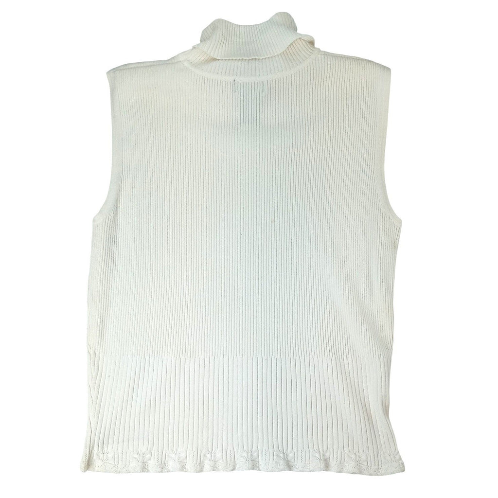 Vintage RQT Cream Ribbed Sleeveless Turtleneck Sweater Top Size L Beaded Accents