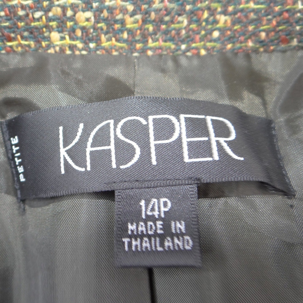 VTG Kasper Womens 14P Petite Textured Tweed Blazer Jacket Brown Olive 4-Pocket