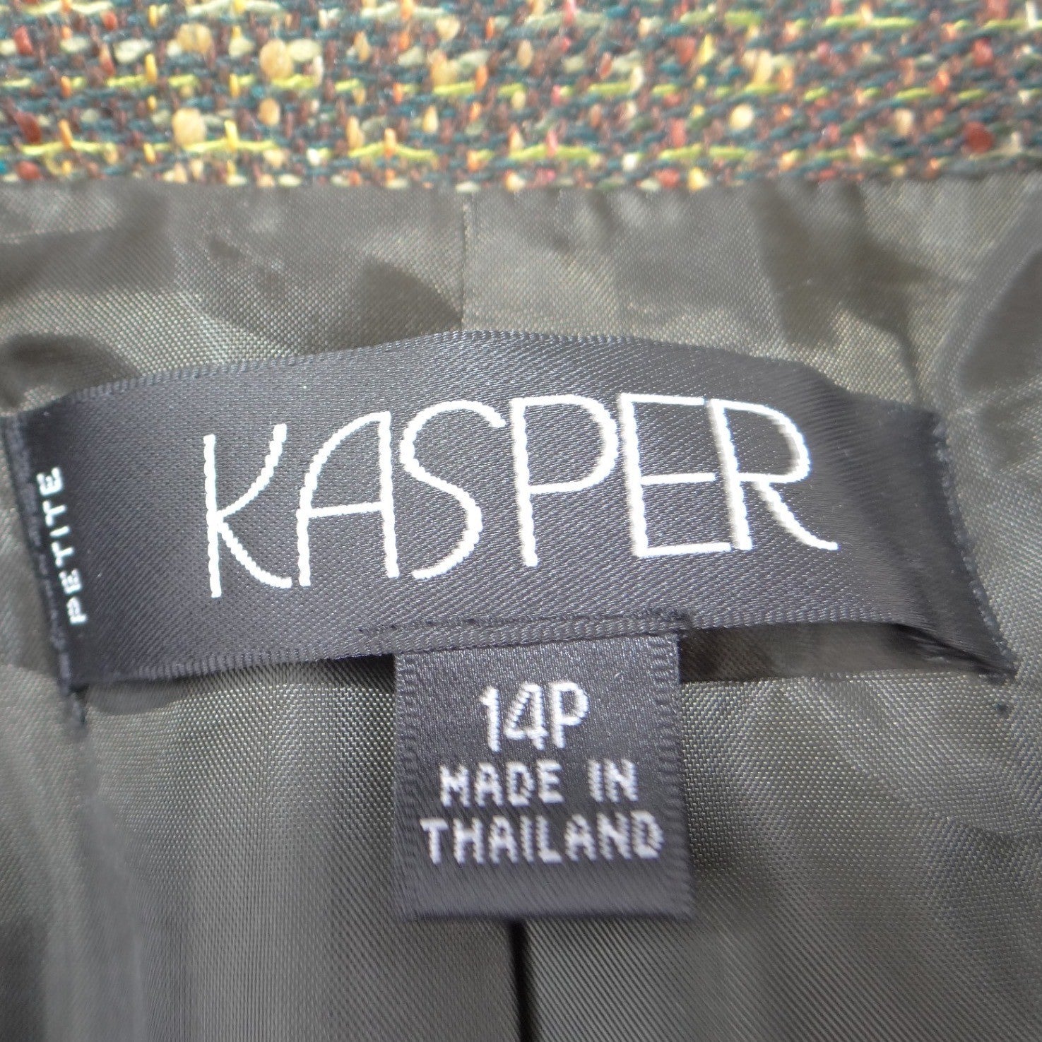 VTG Kasper Womens 14P Petite Textured Tweed Blazer Jacket Brown Olive 4-Pocket