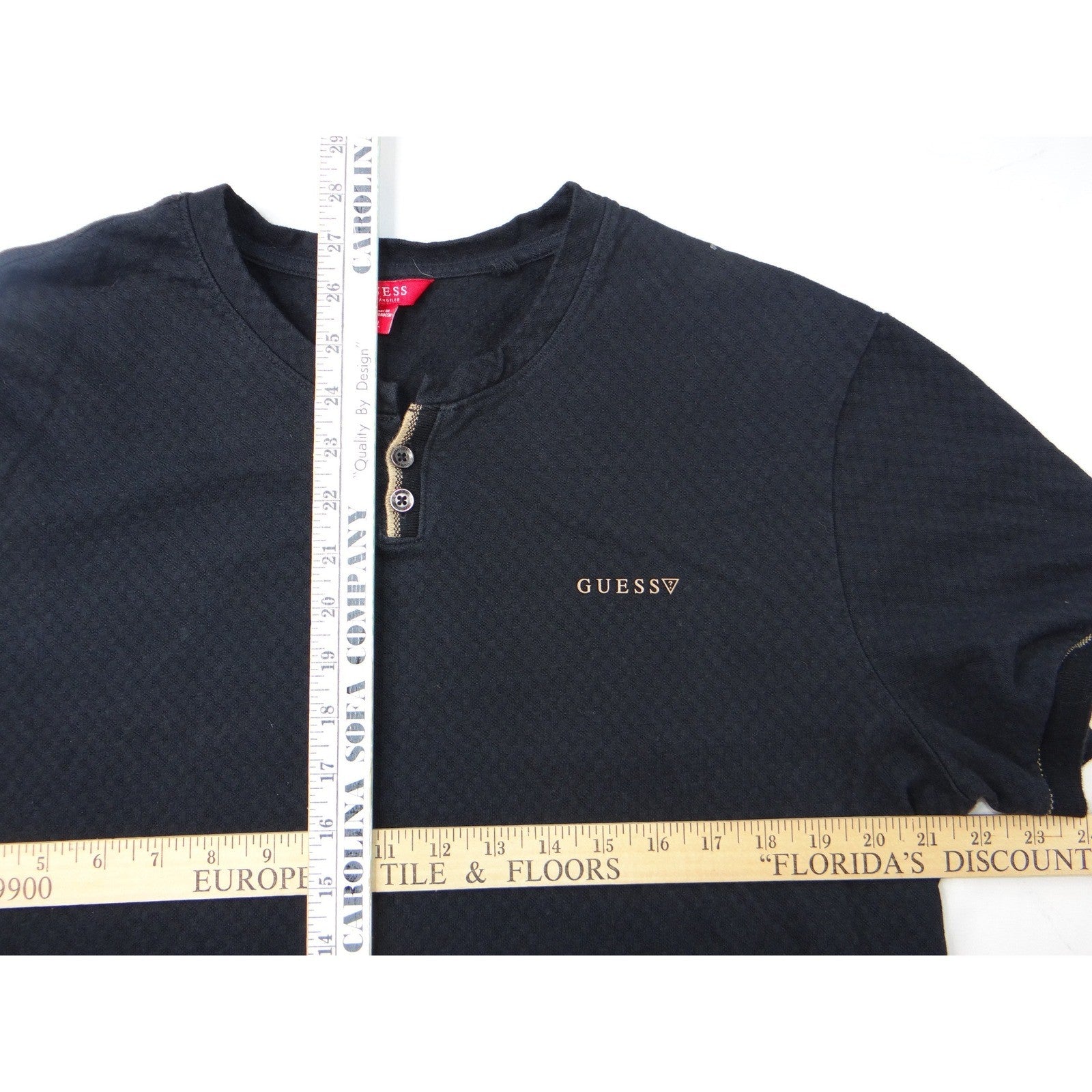 GUESS Black Textured Henly T Shirt Mens XL