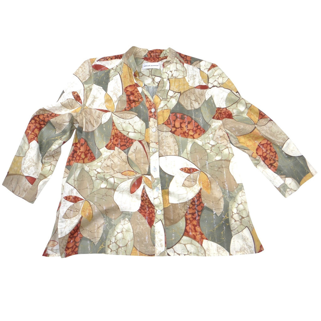 Alfred Dunner Vintage Women Sz 12 Floral Button Front Blouse Metallic Green Rust