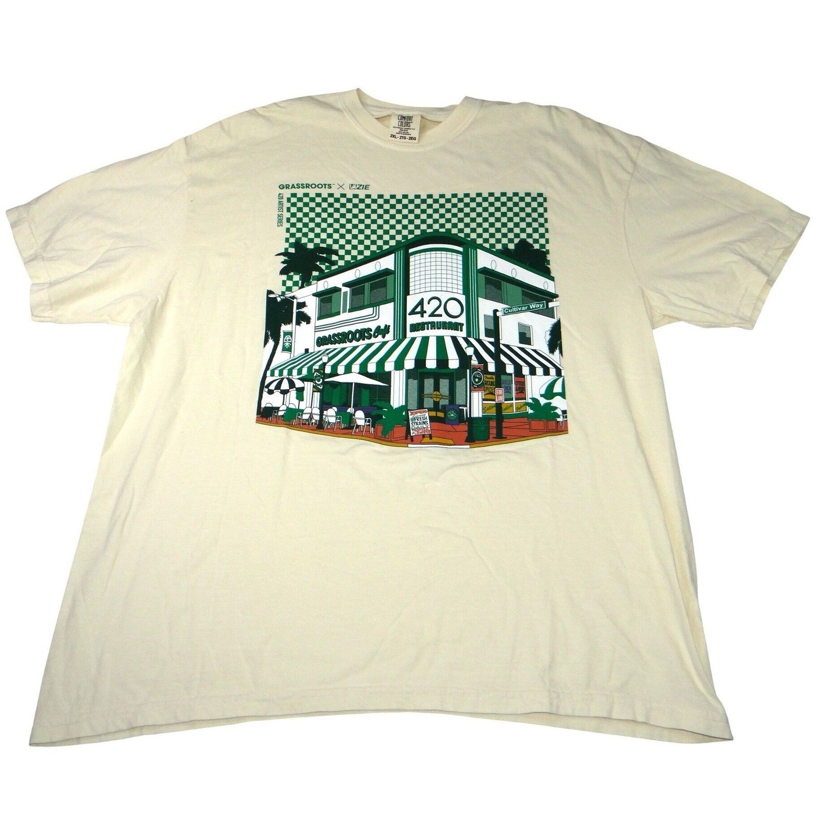 Comfort Colors Grassroots x Lzzie 420 Restaurant Graphic T Shirt Mens 2XL Cream