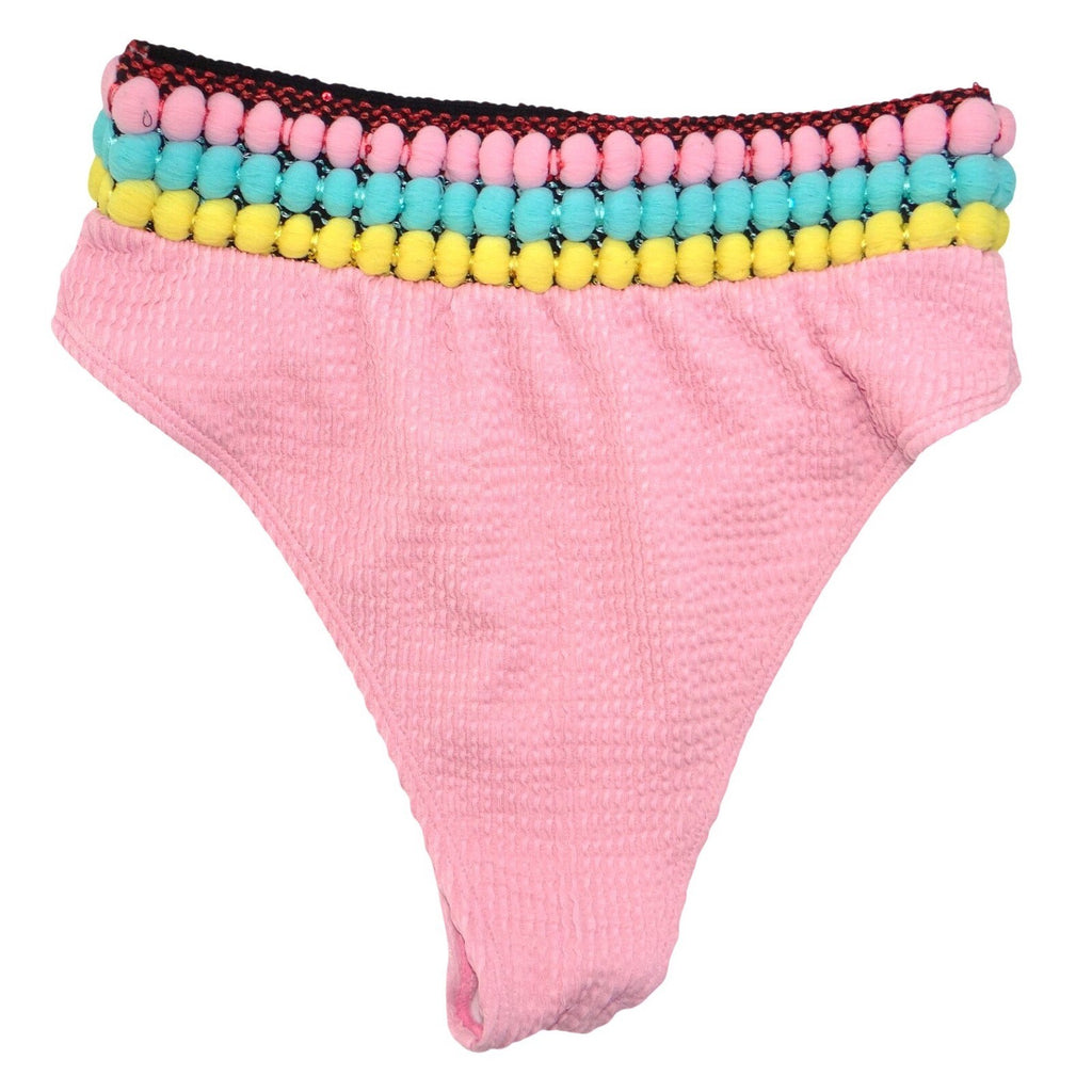 Pink Smocked One Shoulder Pom Pom Bikini Set Medium Seersucker 2 Piece Swimsuit