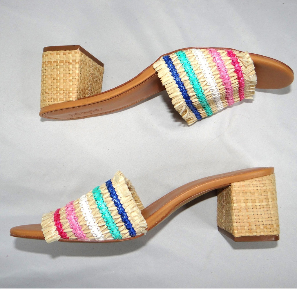 J.Crew Womens Multi Color Raffia Striped Fringed Block Heel Sandals 9