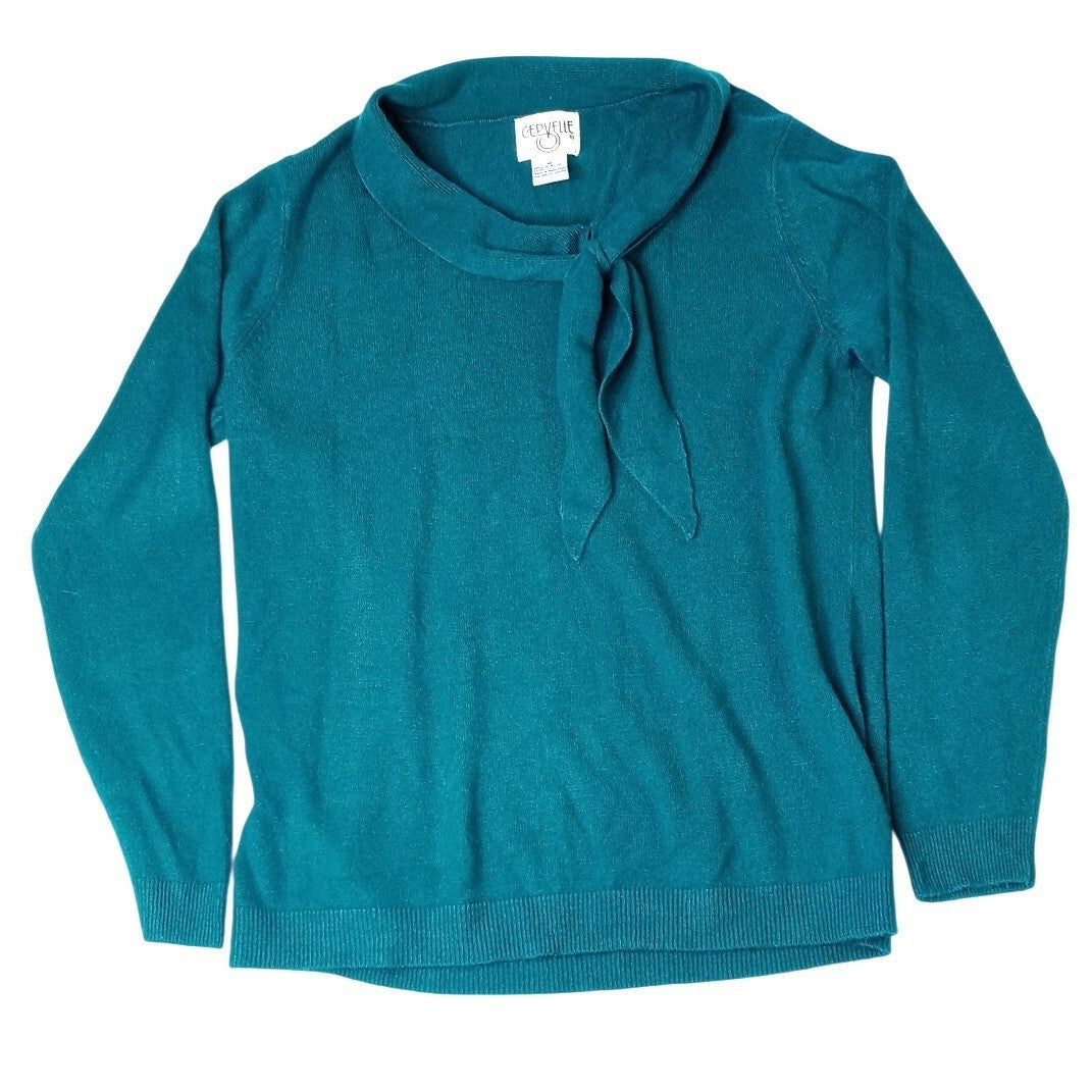 Gervele Teal Blue Ribbed Knit Mock Neck Tie Neck Sweater Top Women's Medium