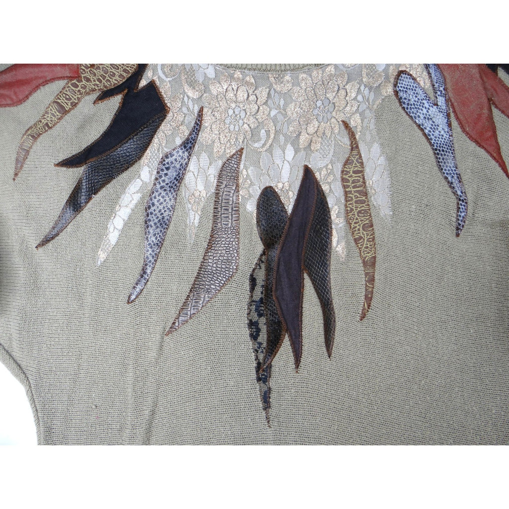 Vintage Unique Maurada Embellished Sweater Beige Knit Dolman Sleeve Women's M