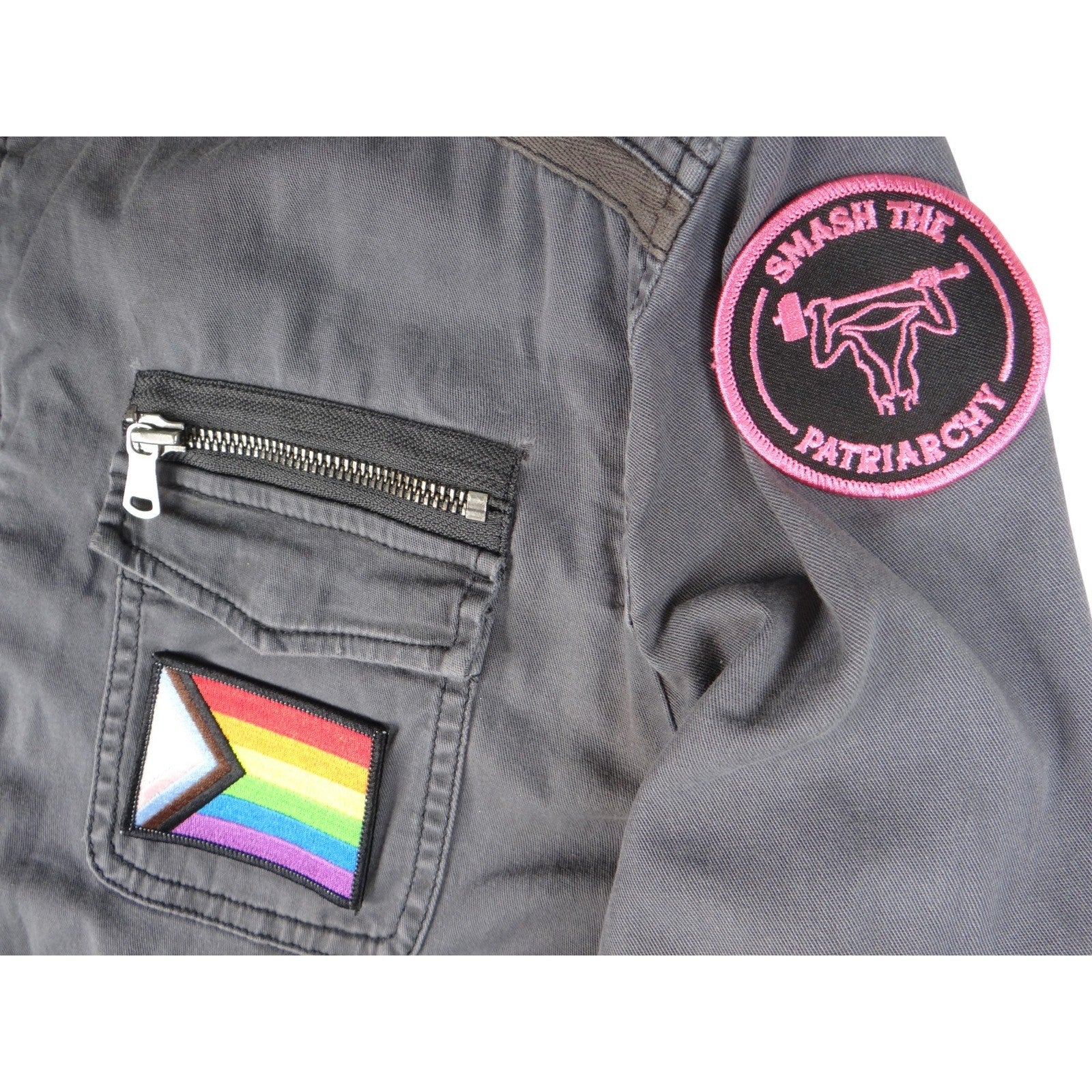 Express Gray Utility Jacket Women's Size L Patches Military Style