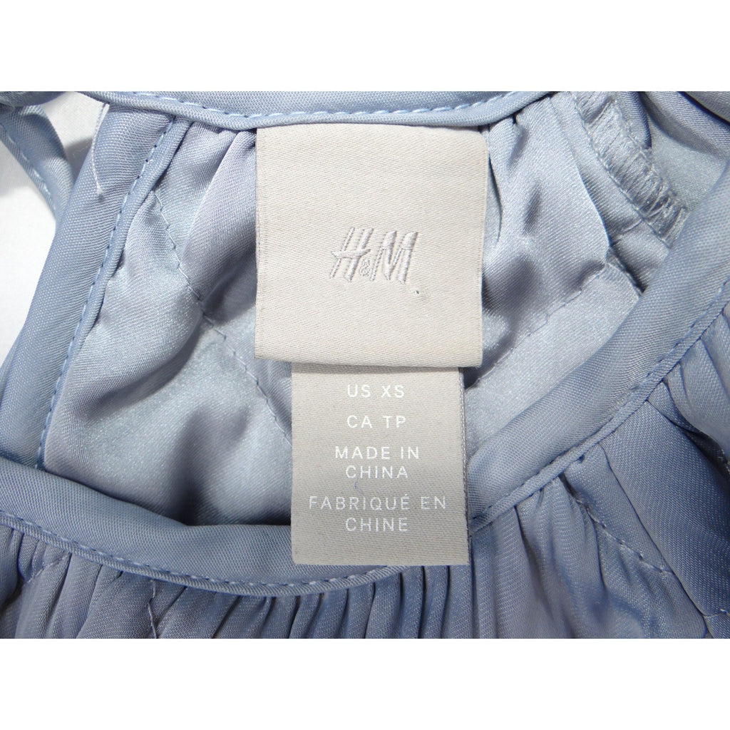 H&M Quilted Puff Sleeve Top Light Blue Gathered Waist Tie Back XS