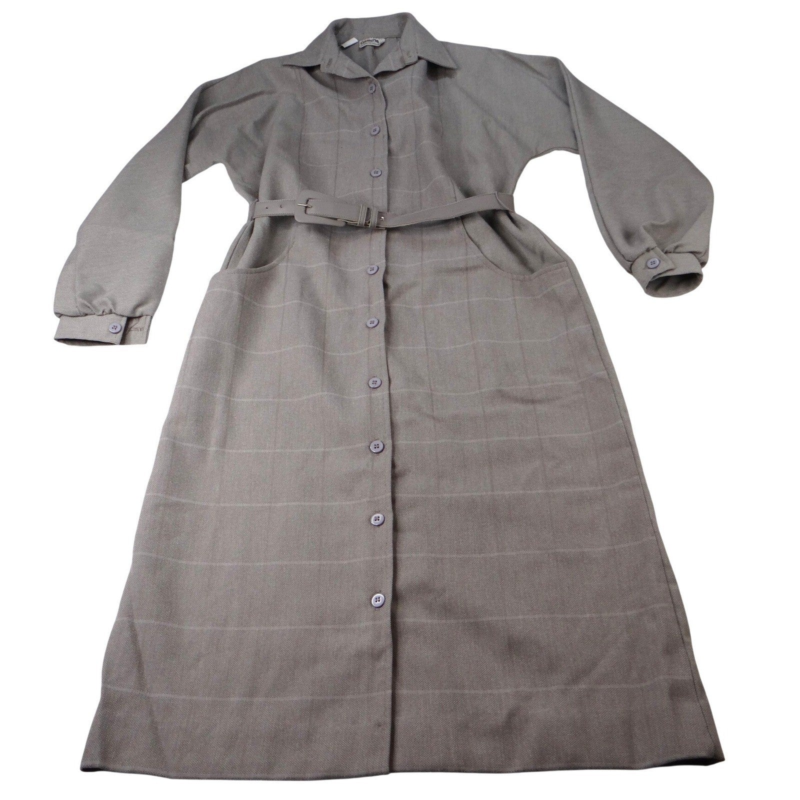 Vintage Country Miss Grey Plaid Button Front Belted Dress Women's Size 8 Wool