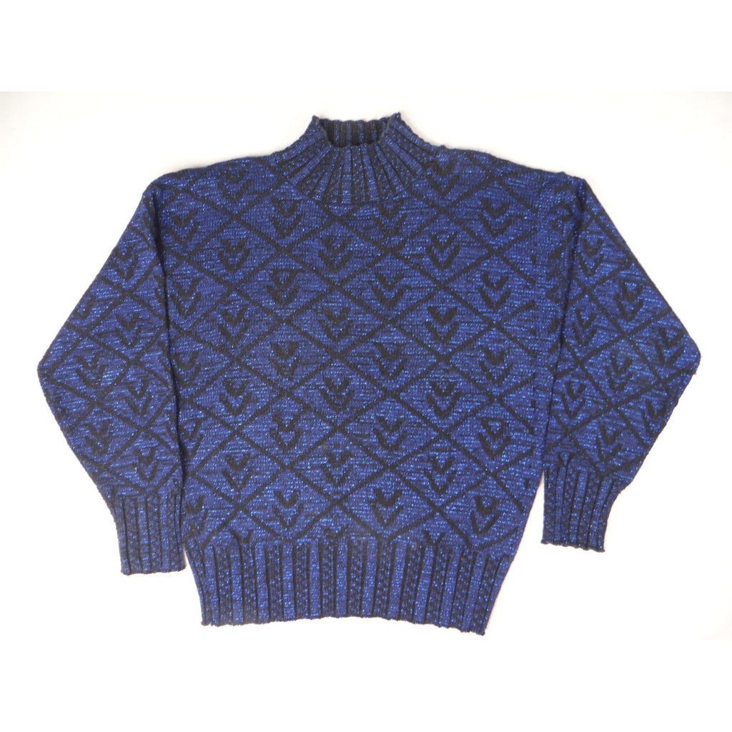 Vintage PRIVATE EYES Sparkle Blue Black Geometric Mock Neck Knit Sweater Women's