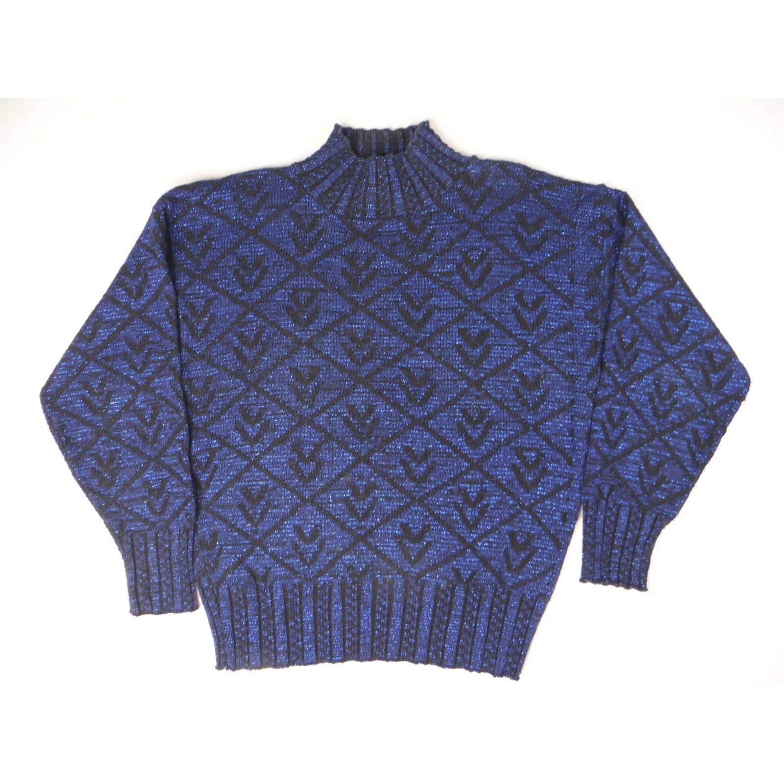 Vintage PRIVATE EYES Sparkle Blue Black Geometric Mock Neck Knit Sweater Women's