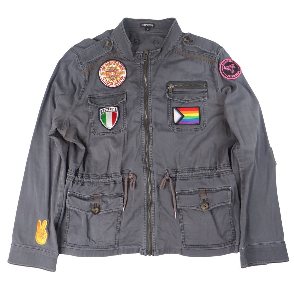 Express Gray Utility Jacket Women's Size L Patches Military Style