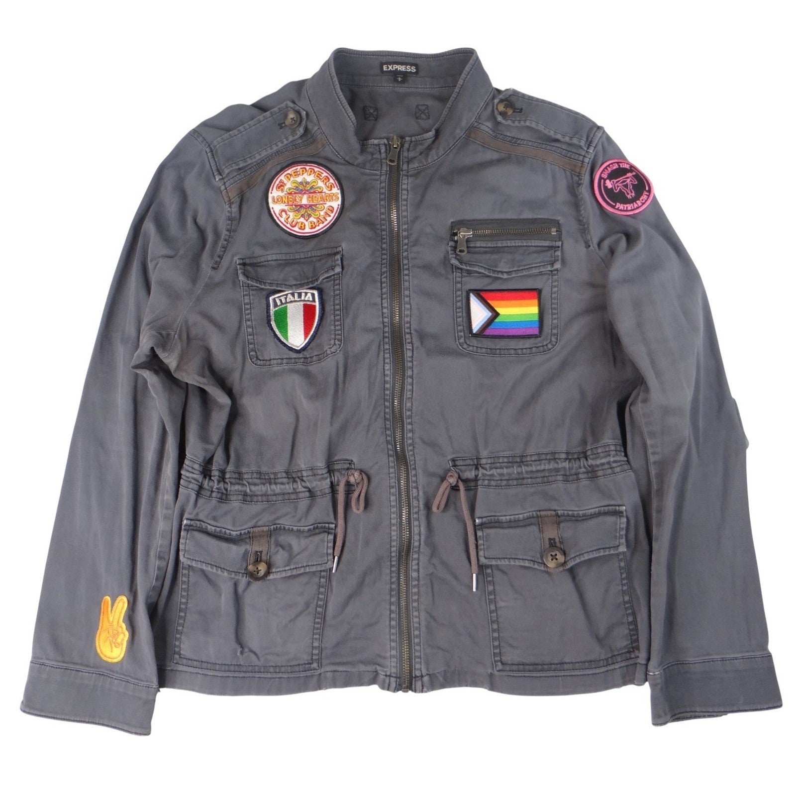 Express Gray Utility Jacket Women's Size L Patches Military Style
