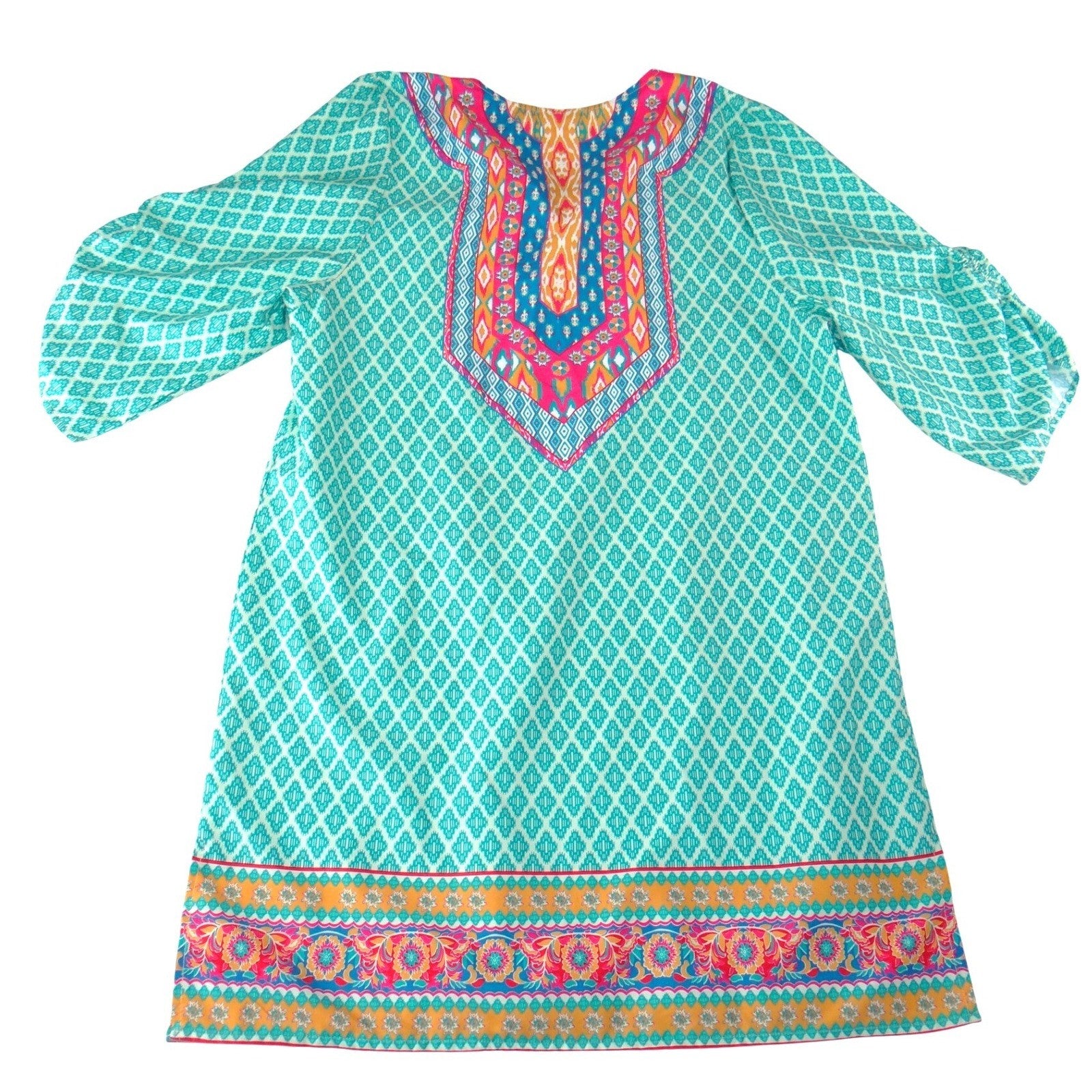 Urban Coco Womens Teal Pink Geometric Boho Tassel Tunic Dress Size L