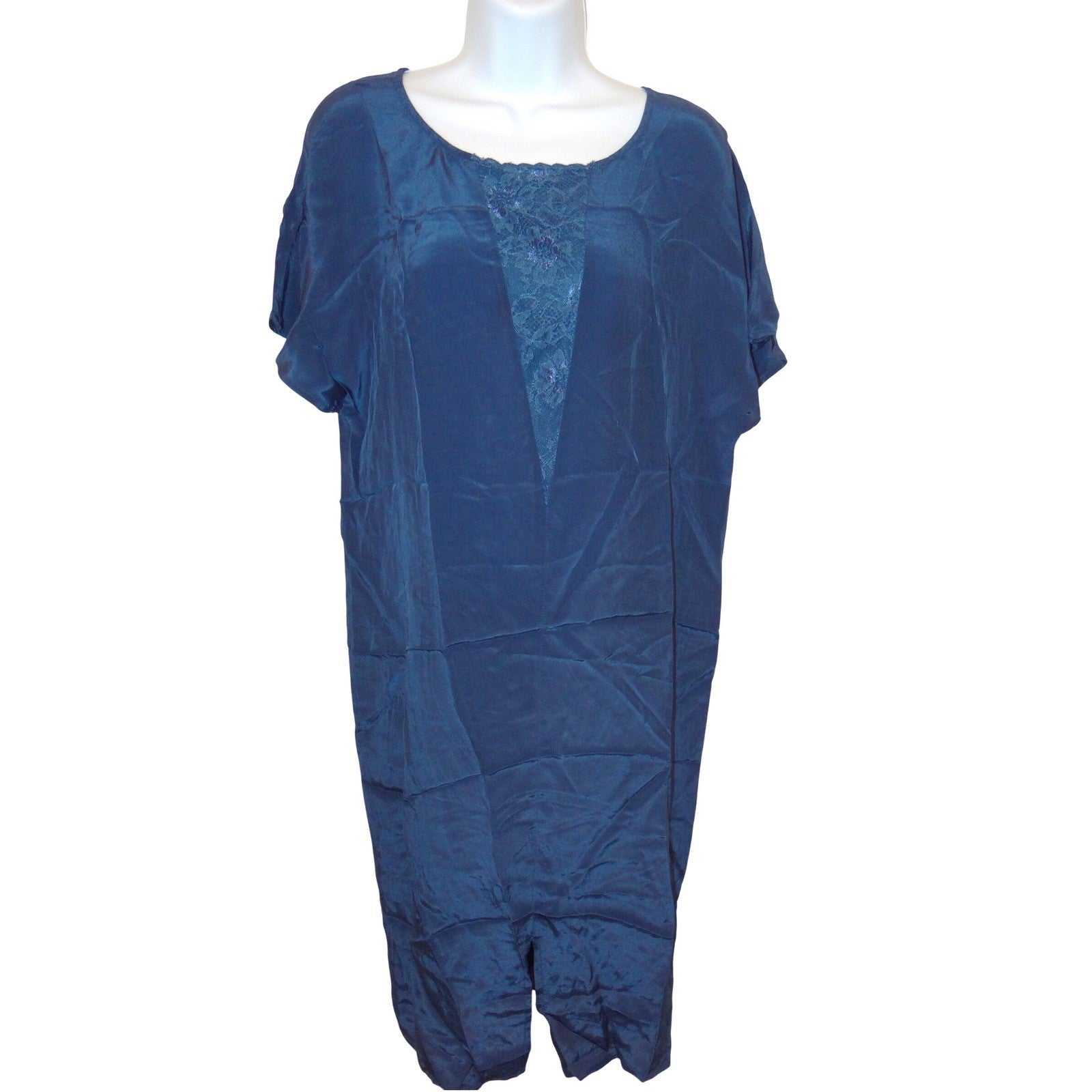 Teal Blue Satin Lace Inset Shift Dress Short Sleeve Knee Length Relaxed Fit
