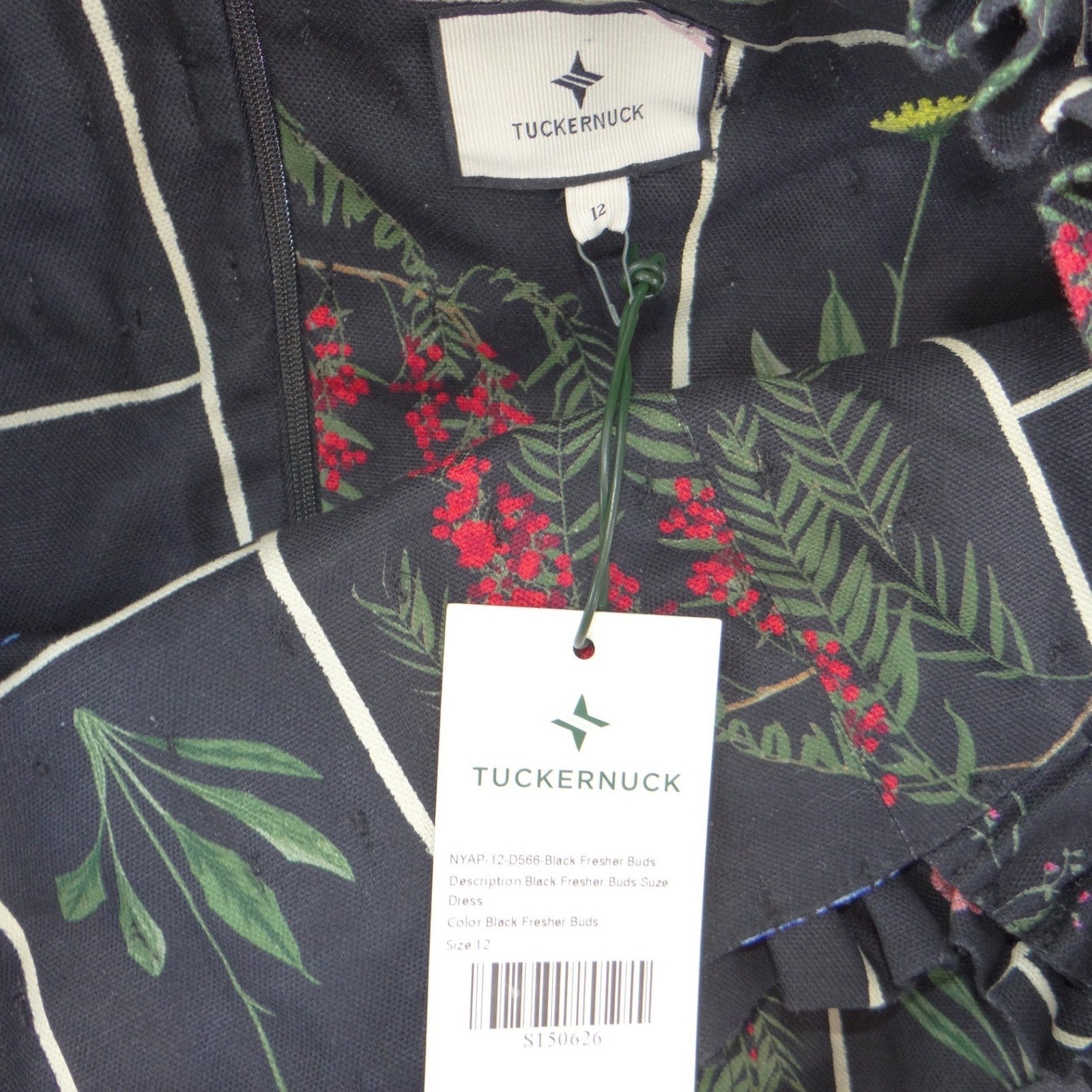 NWT-Tuckernuck Black Fresher Buds Suze Dress Floral Grid Ruffle Midi Size 12