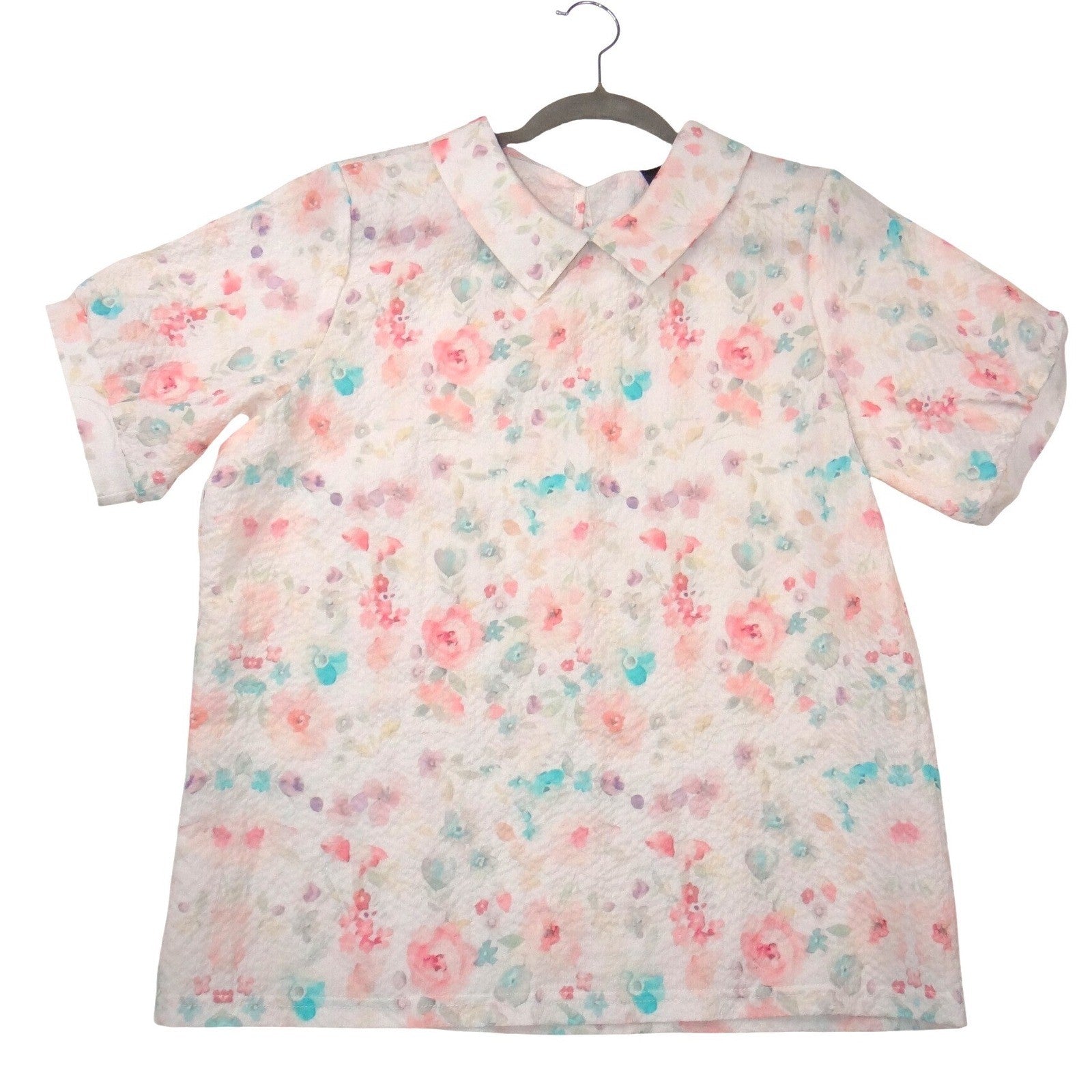 VTG Floral Peter Pan Collar Blouse Short Sleeve Pastel Watercolor Textured Top L