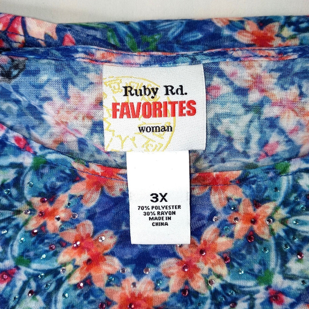 NWT-Ruby Rd. Favorites Woman 3X Blue Floral Geometric Print 3/4 Sleeve Tunic Top