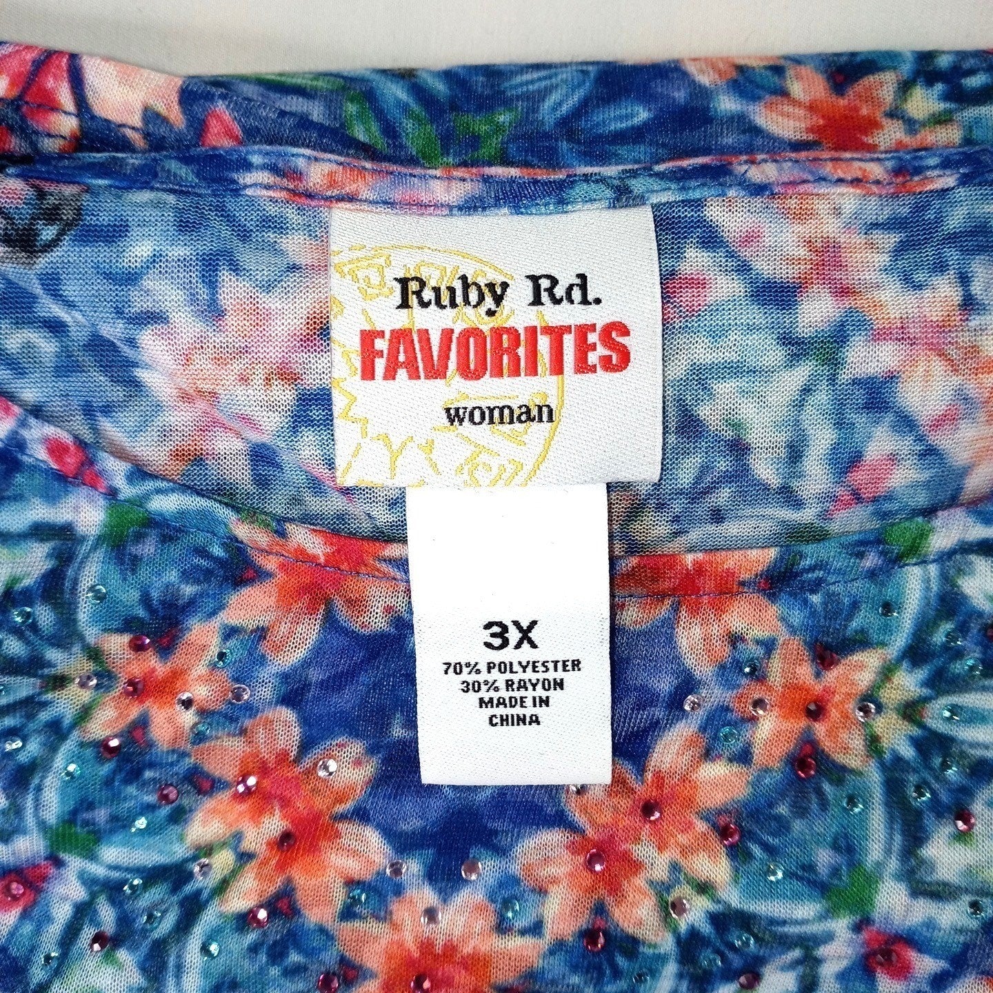 NWT-Ruby Rd. Favorites Woman 3X Blue Floral Geometric Print 3/4 Sleeve Tunic Top