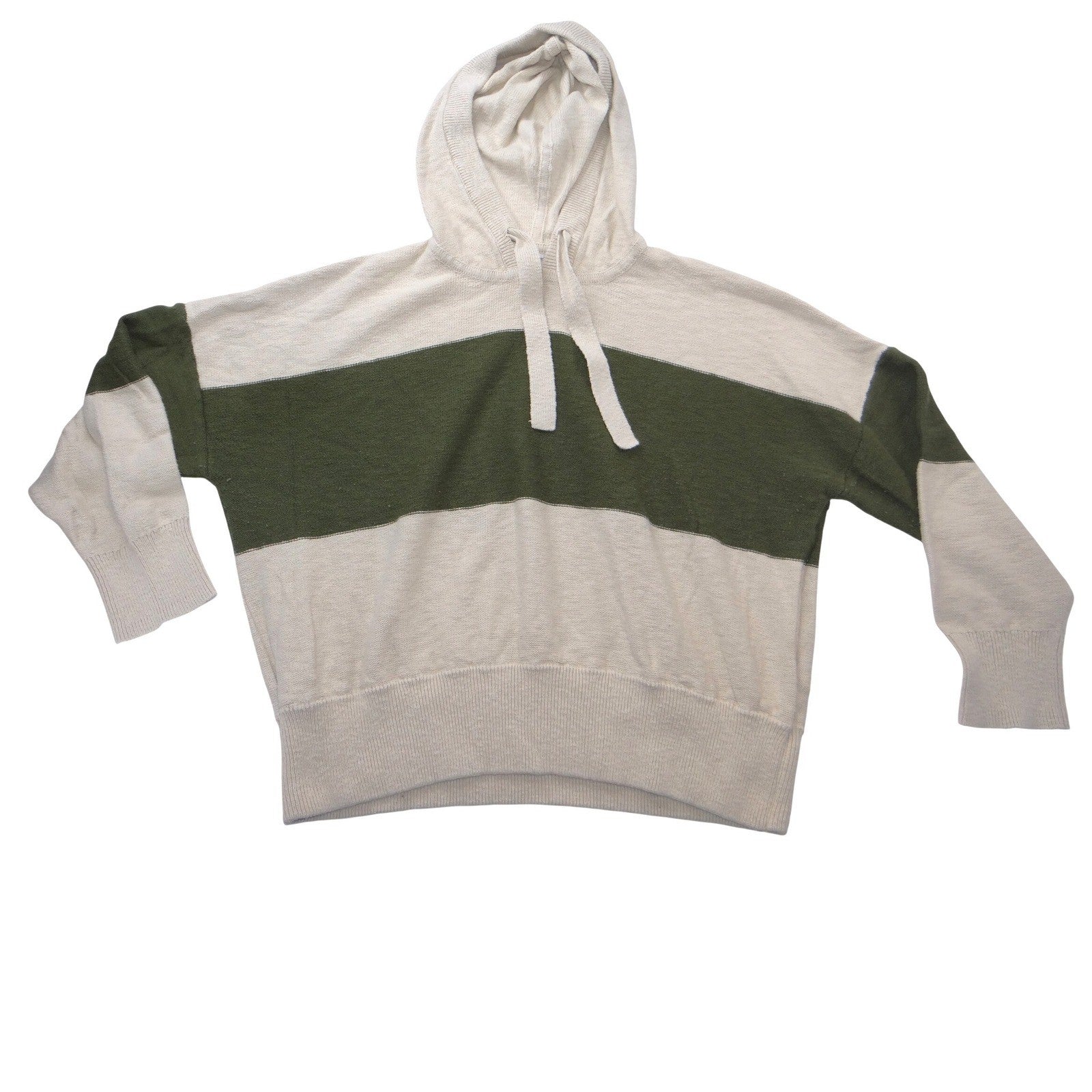 Madewell Women XL Relaxed Knit Hoodie Cream Olive Green Striped Pullover Sweater