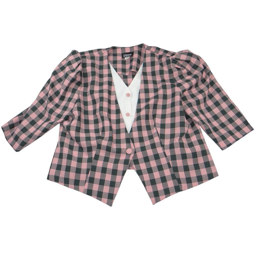 Whirlaway Frocks Vintage Pink Plaid Skirt Suit Set 22WP Puff Sleeve Made in USA