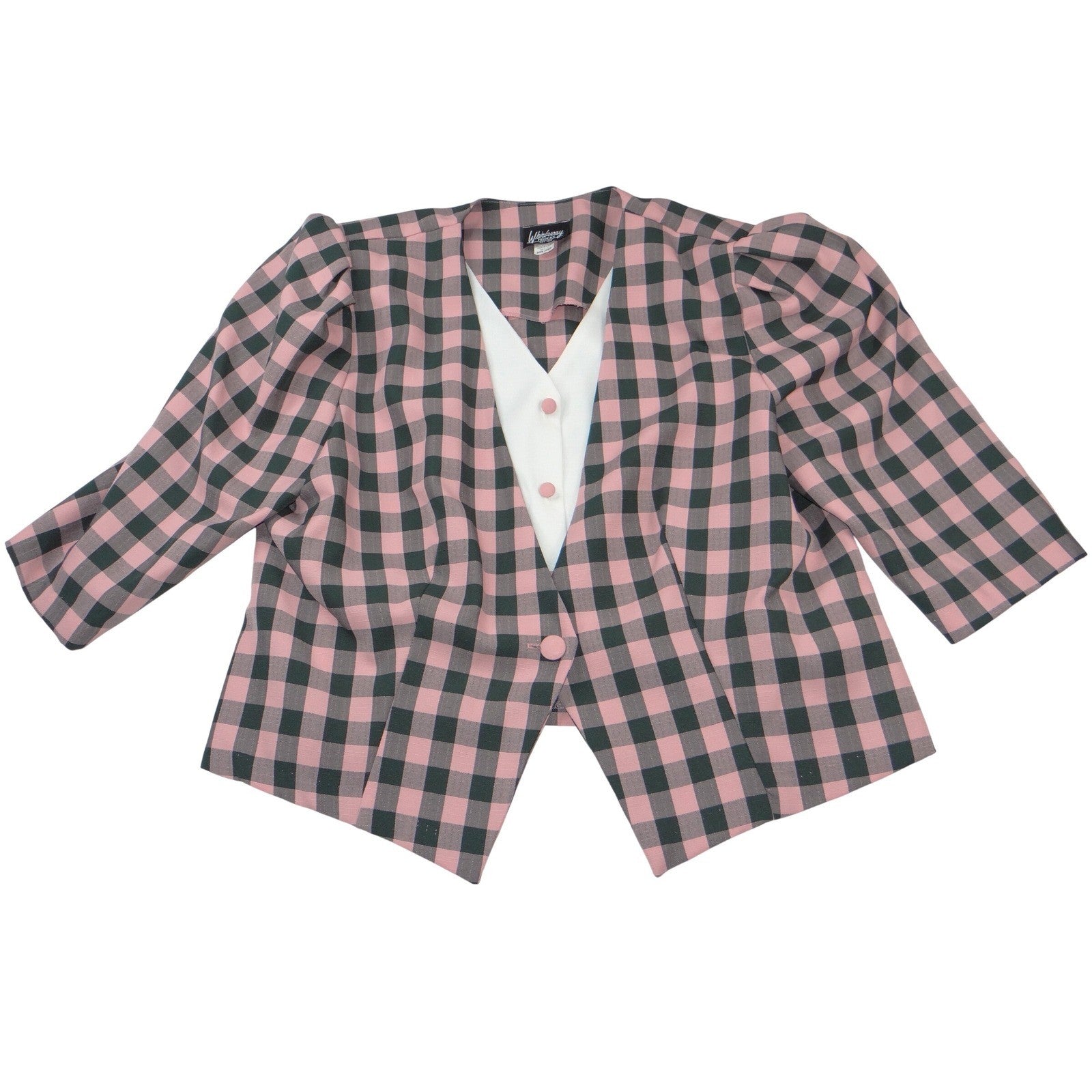 Whirlaway Frocks Vintage Pink Plaid Skirt Suit Set 22WP Puff Sleeve Made in USA