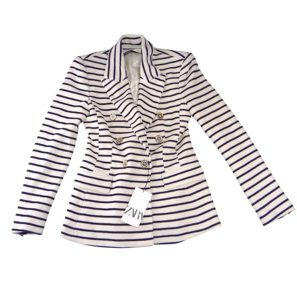 NWT-Zara Womens Navy White Striped Double Breasted Blazer Gold Buttons