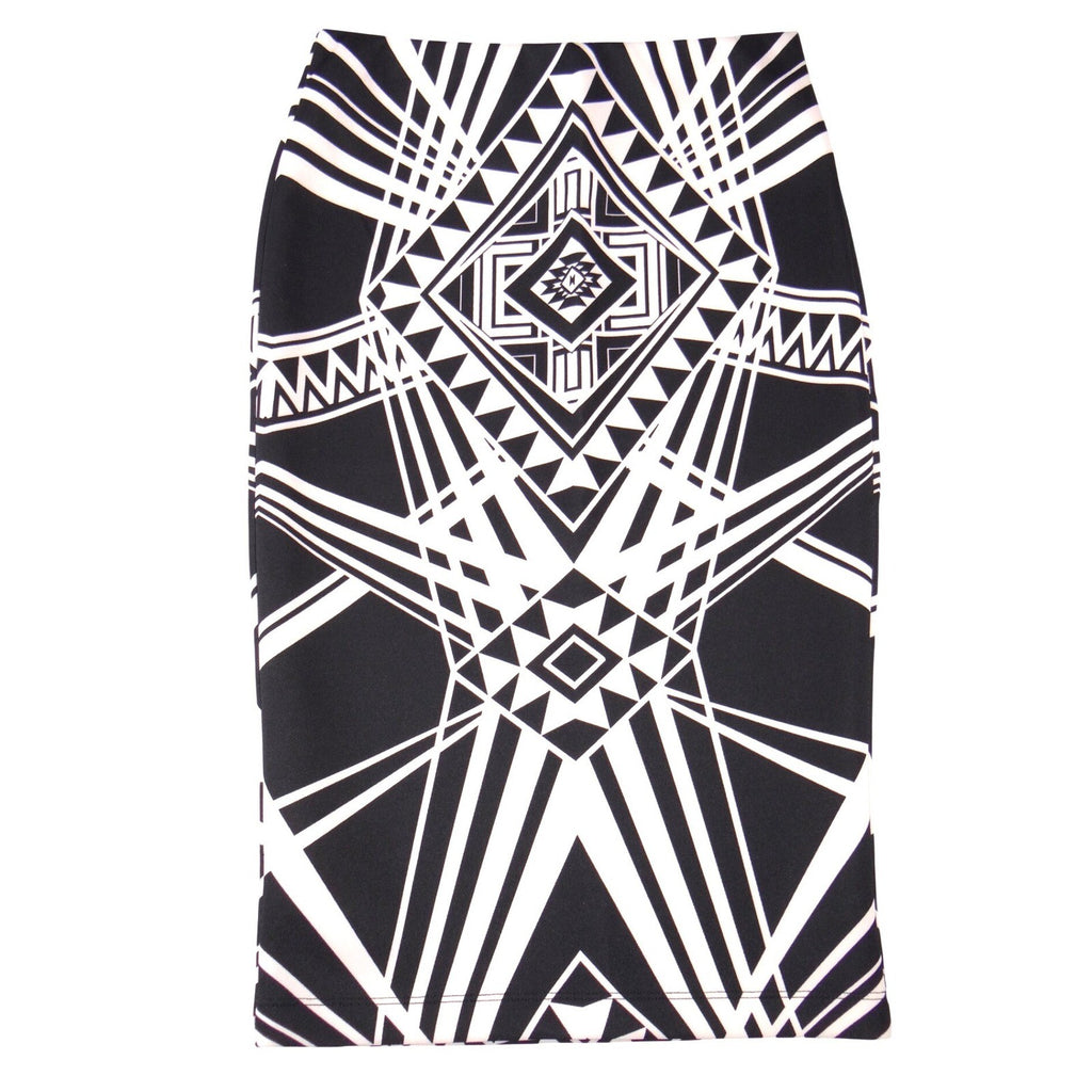 By & By Womens Black Cream Geometric Tribal Print Midi Pencil Skirt Size M