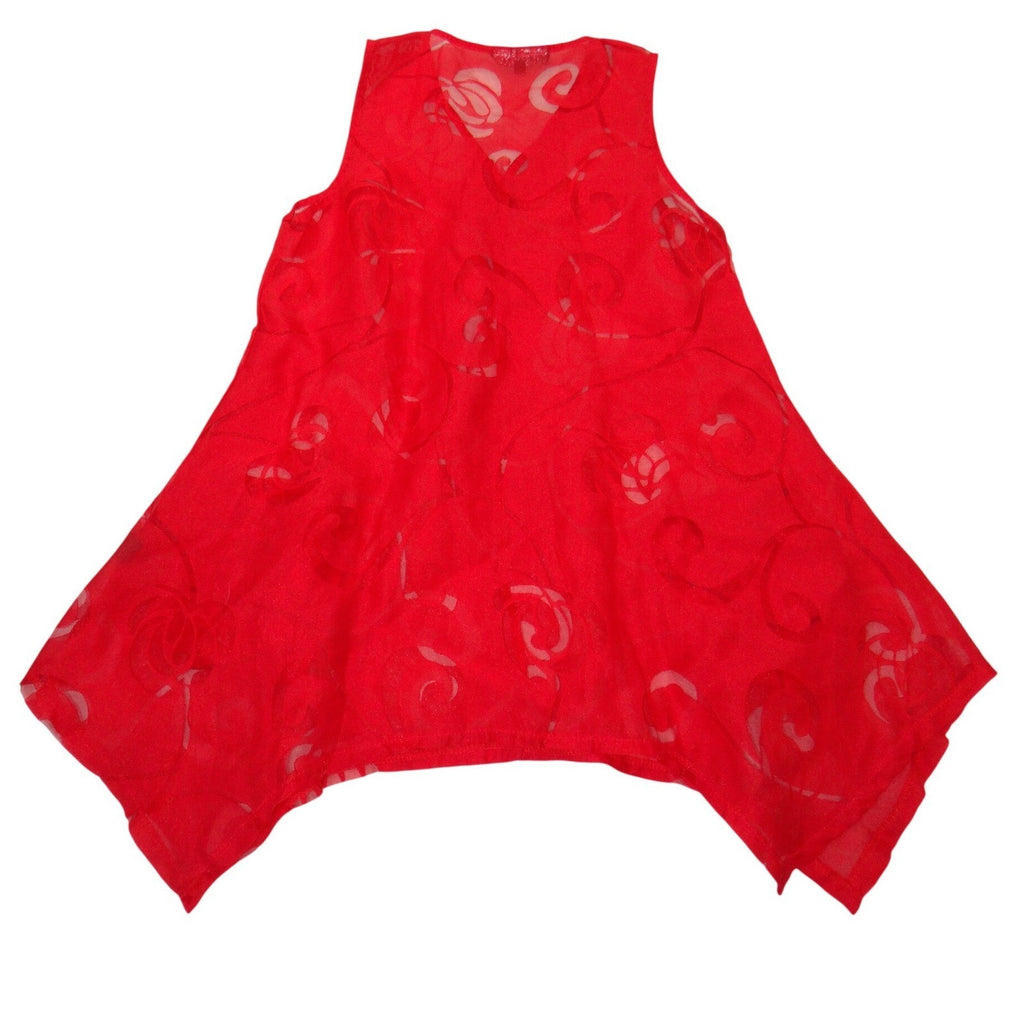 VTG Mirror Image Red Floral Burnout Sleeveless Tunic Sharkbite Hem Top Women M