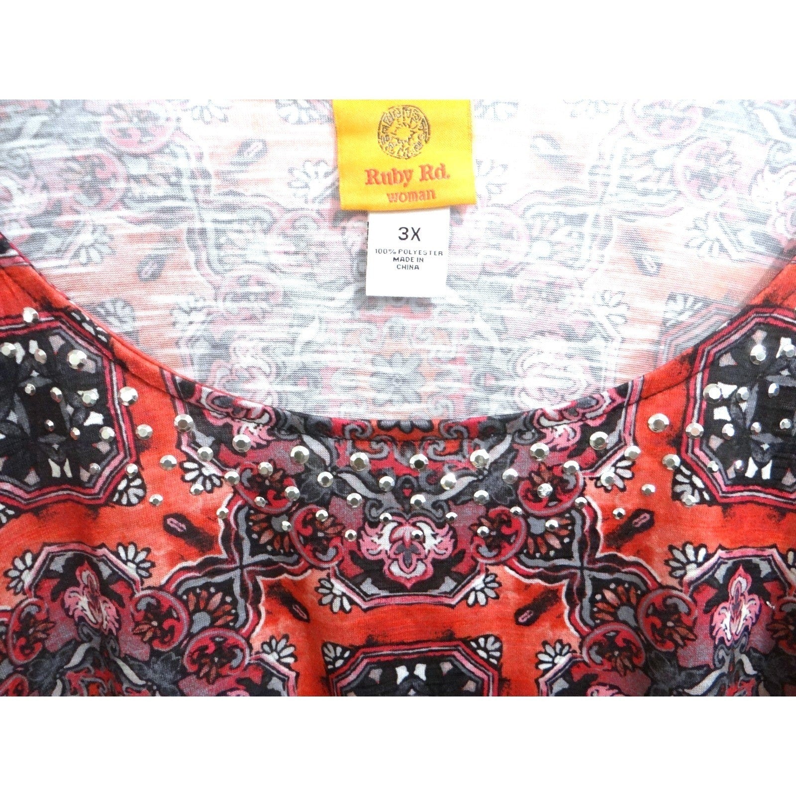 Ruby Rd Woman Orange Mandala Print Embellished Tunic Top 3X