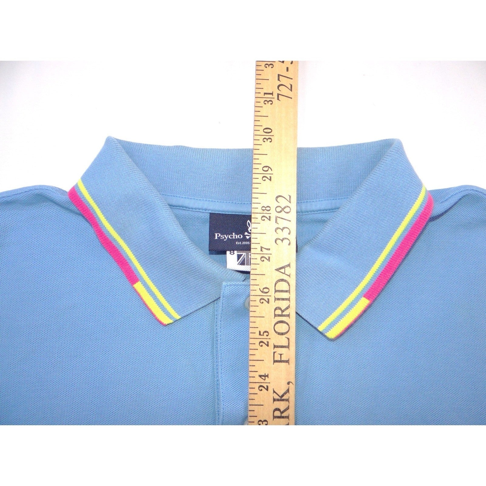 Psycho Bunny Mens Blue Polo Shirt Embroidered Bunny Skull Logo Trim Size 8