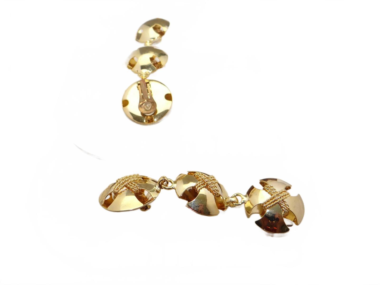 Vintage Gold Tone Triple Disc Drop Earrings