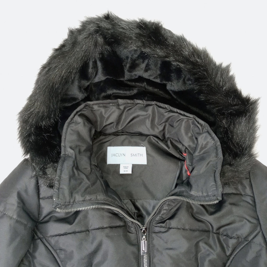 NWT Vintage Womens Black Quilted Long Coat Removable Hood Faux Fur Trim Medium