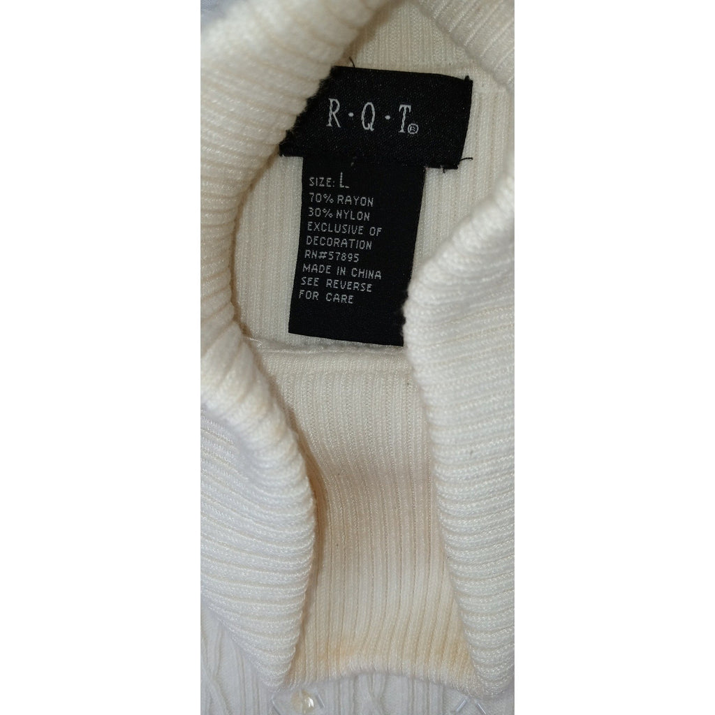 Vintage RQT Cream Ribbed Sleeveless Turtleneck Sweater Top Size L Beaded Accents