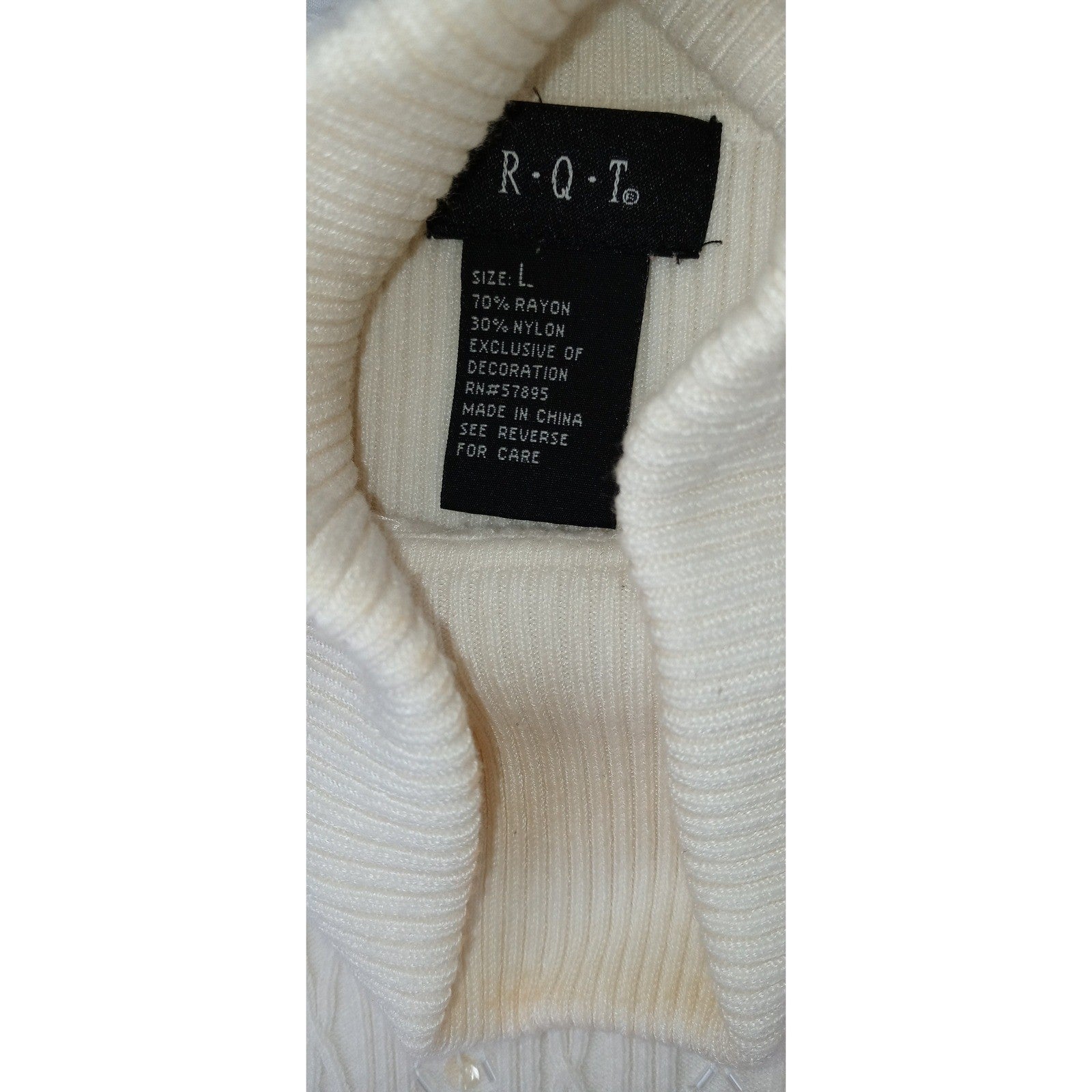 Vintage RQT Cream Ribbed Sleeveless Turtleneck Sweater Top Size L Beaded Accents