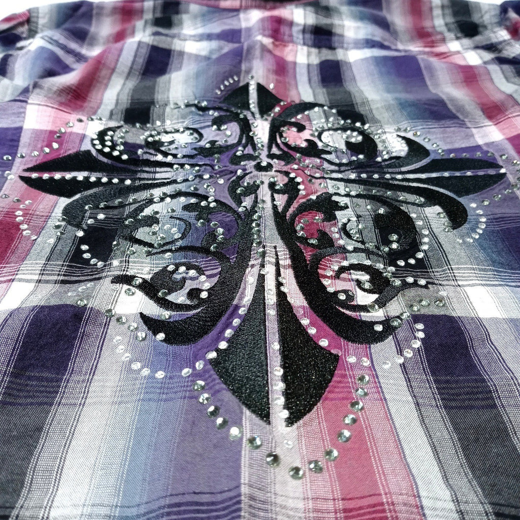 Y2K Maurice's Plaid Shirt Rhinestone Embellished Lace Western Style Women's Med