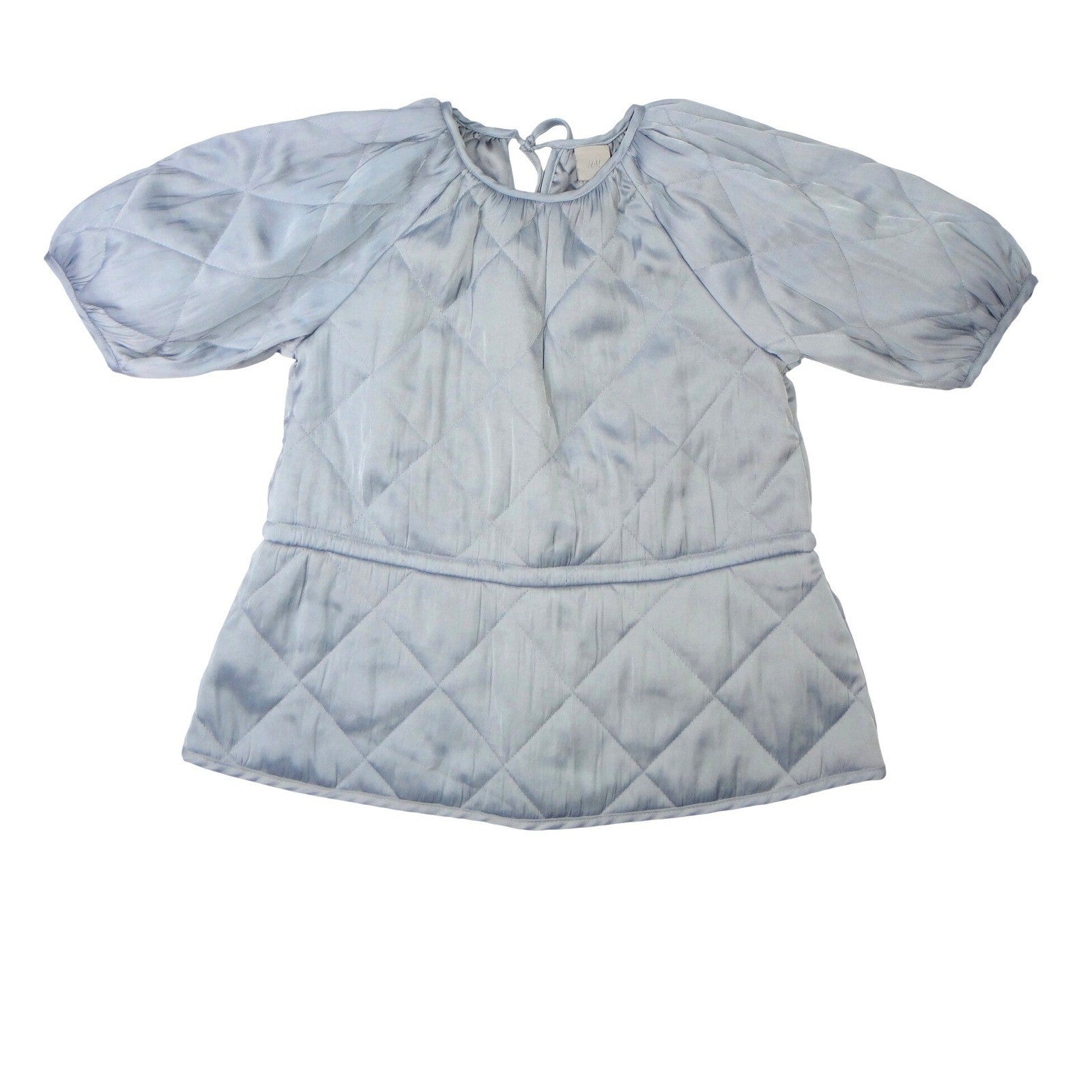 H&M Quilted Puff Sleeve Top Light Blue Gathered Waist Tie Back XS